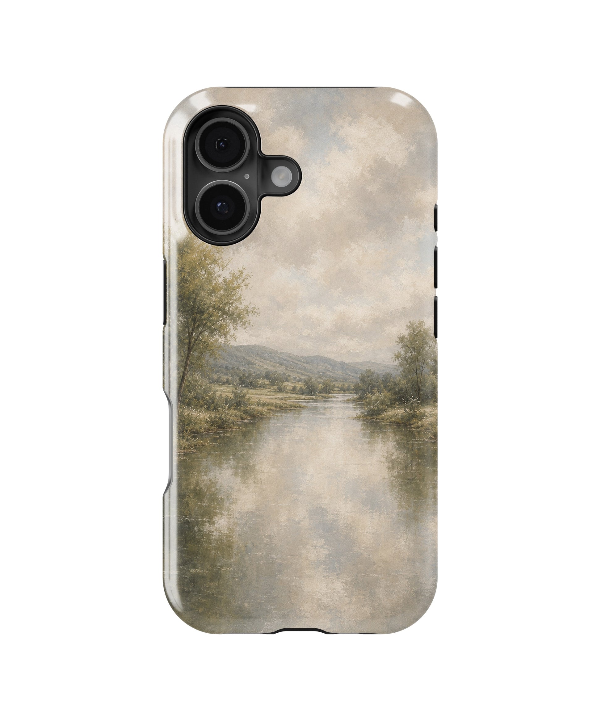 Muted sage misty river countryside landscape MagSafe iPhone tough case for iPhone 17