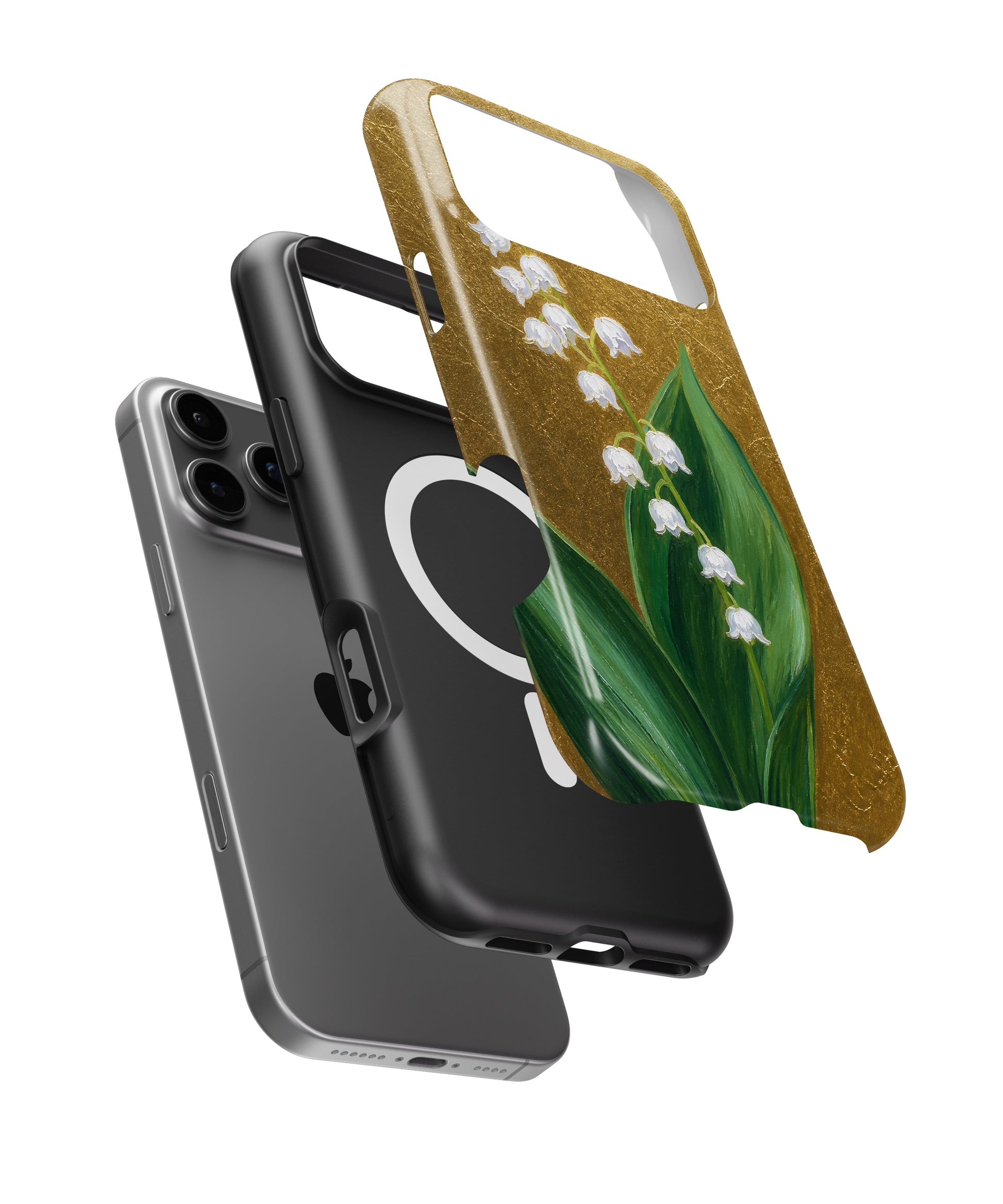 Antique gold lily of the valley botanical iPhone case with built-in MagSafe magnetic ring