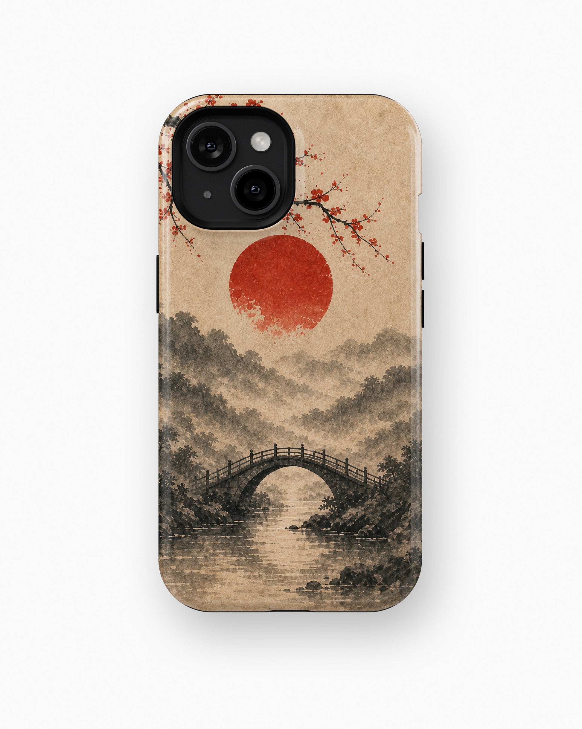 Wabi-sabi red sun sakura bridge landscape shockproof case for standard iPhone models