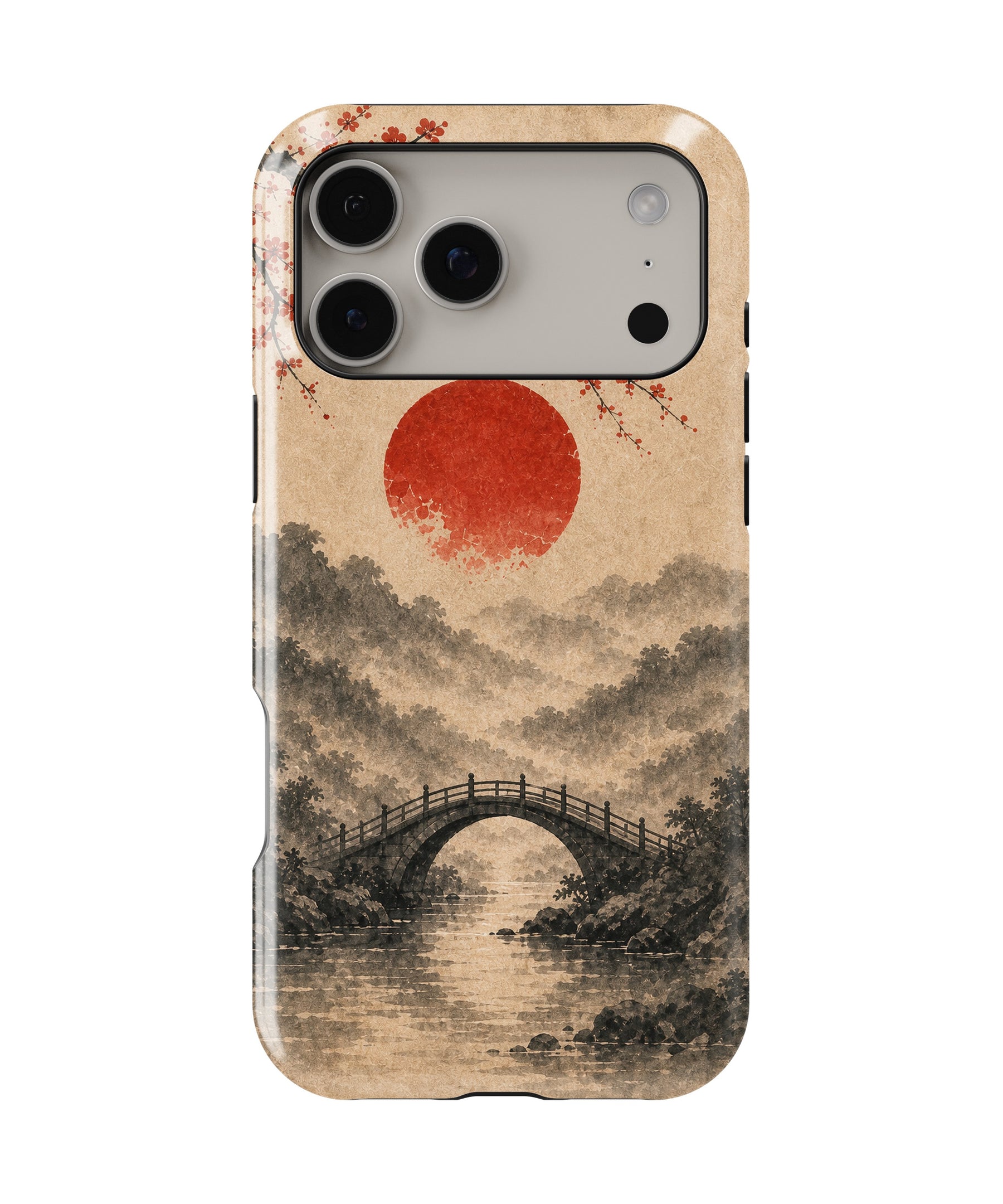 Wabi-Sabi Red Sun Sakura Bridge MagSafe iPhone Tough Case – Custom Name Option