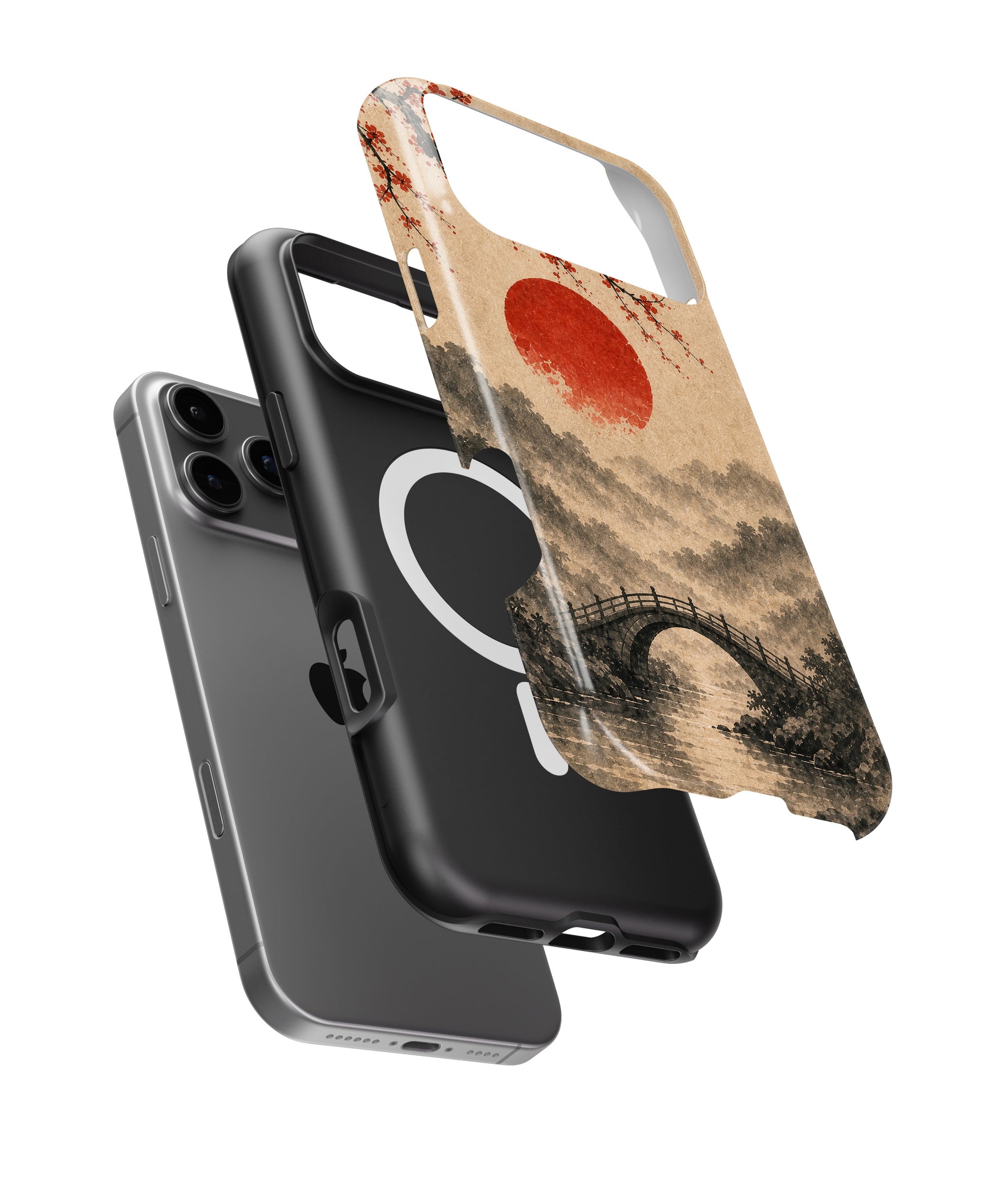 Wabi-sabi red sun sakura bridge landscape iPhone case with built-in MagSafe magnetic ring