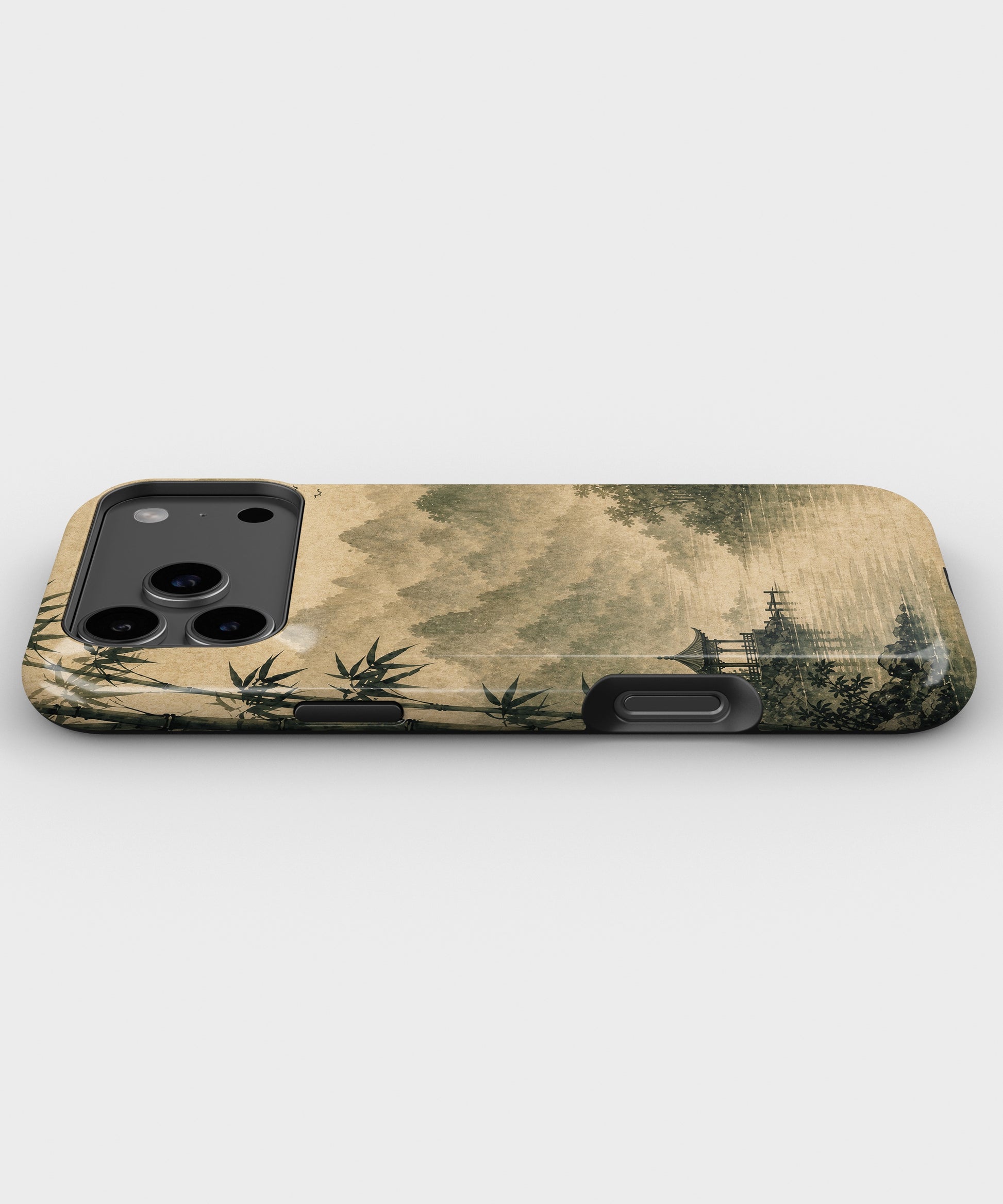Wabi-sabi bamboo gray sun pavilion landscape tough iPhone case with raised camera and edge protection
