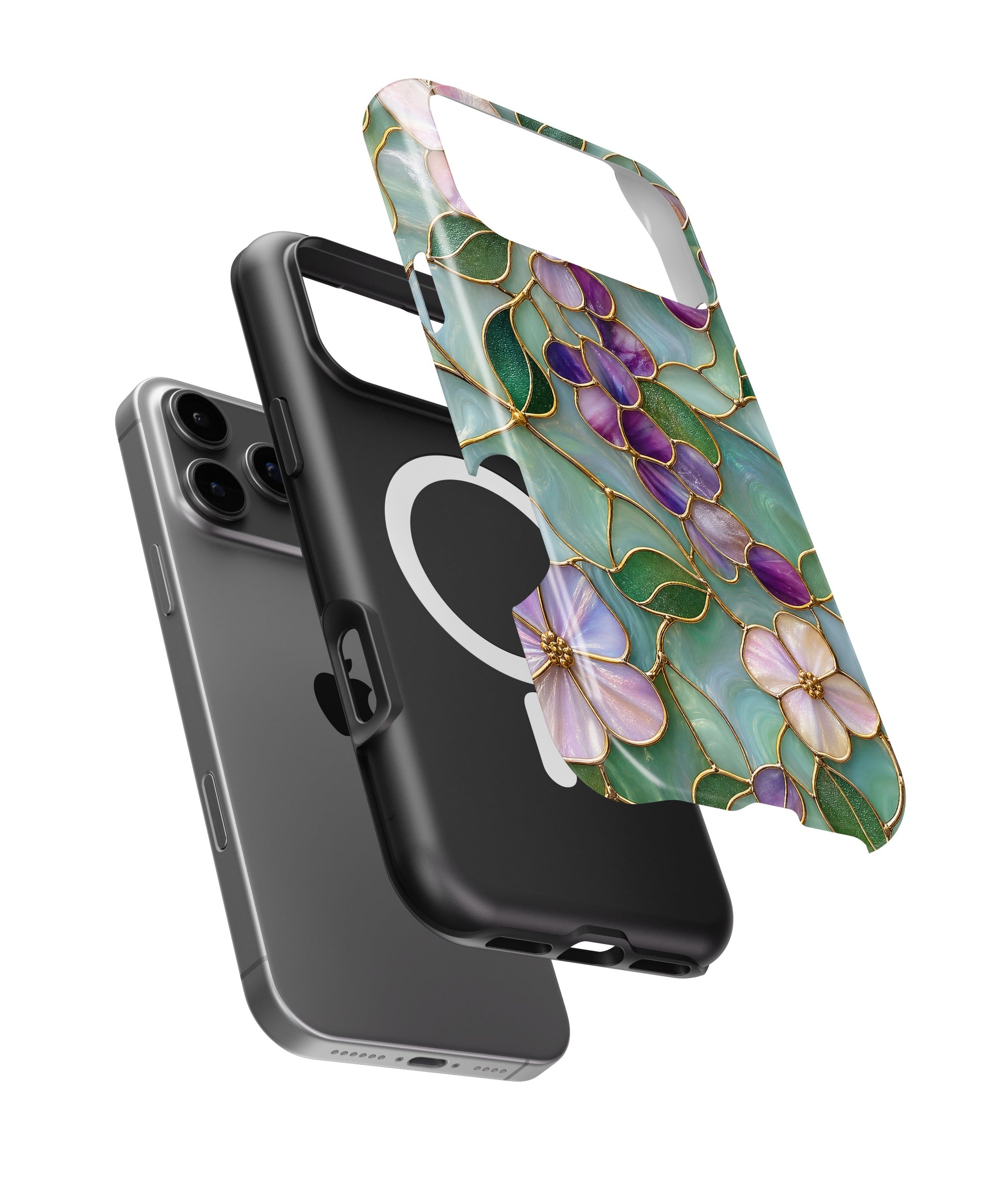 Aqua Grape Stained Glass Floral iPhone tough case with built-in MagSafe magnetic ring
