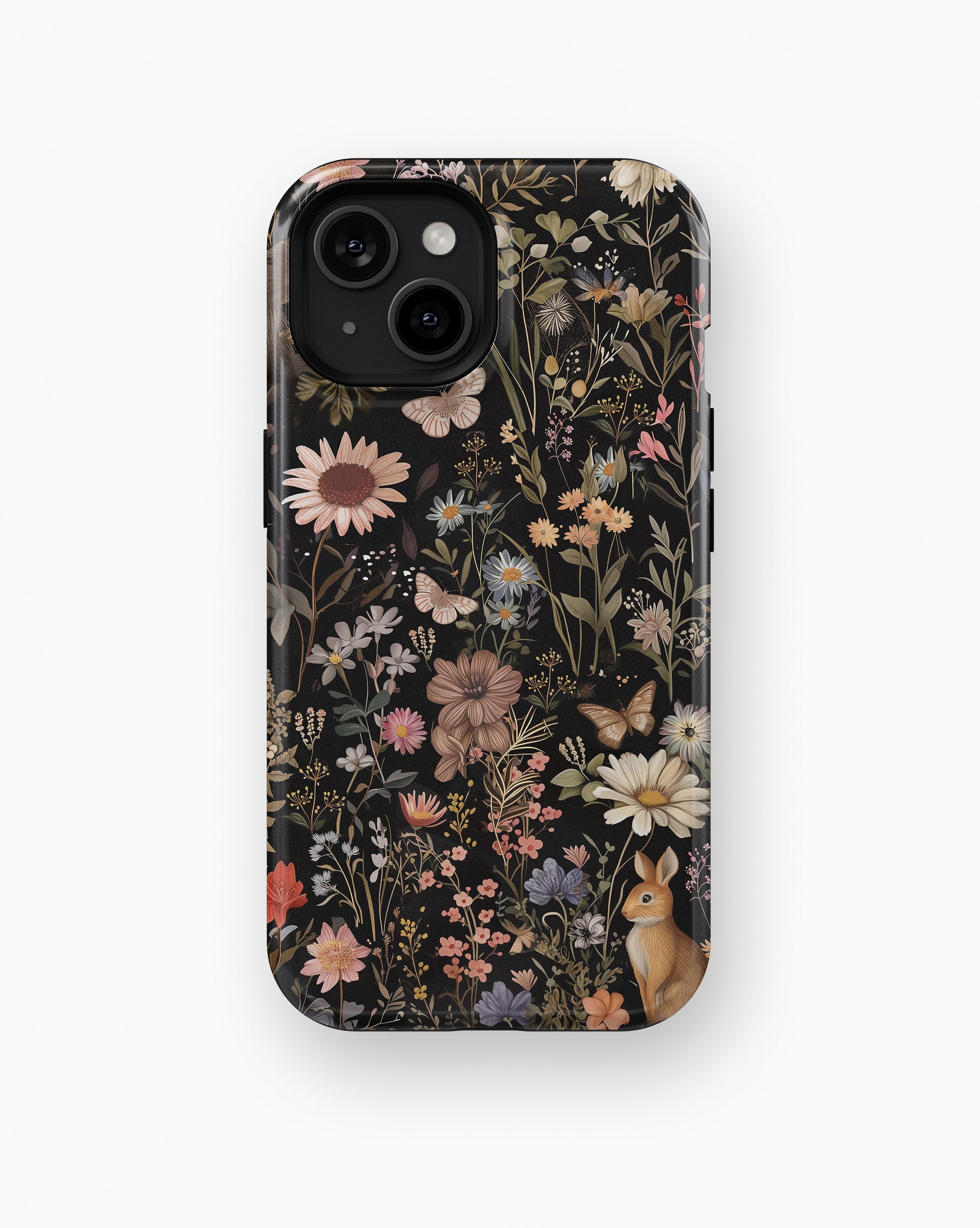 Black Woodland Floral Rabbit MagSafe iPhone Tough Case - i15 tough p1