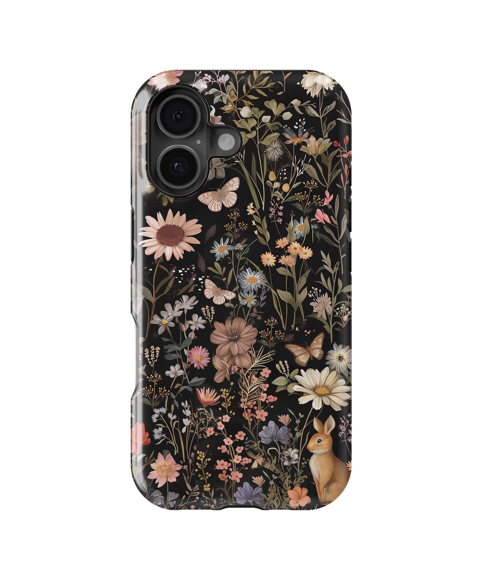Black Woodland Floral Rabbit MagSafe iPhone Tough Case - i17T p1
