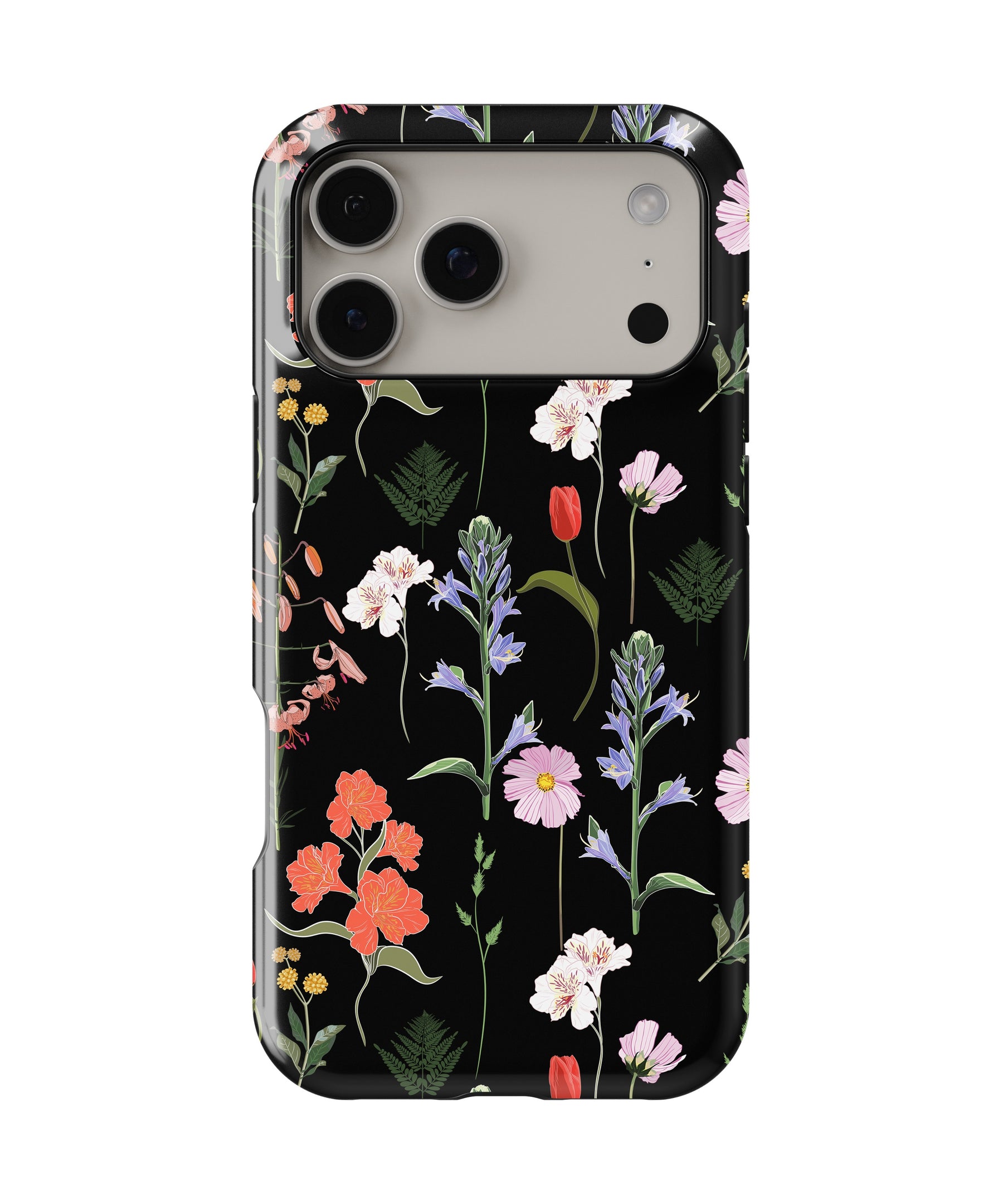 Black Wildflower Botanical MagSafe iPhone Tough Case – Custom Name Option