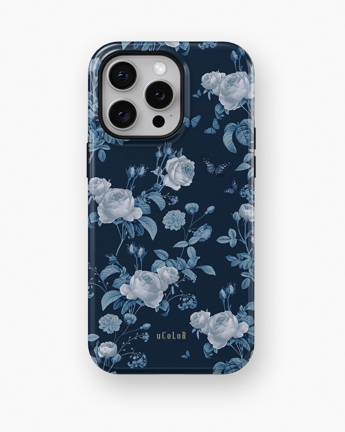 Navy Blue Rose Butterfly Floral MagSafe iPhone Tough Case - i15 pro max tough p1