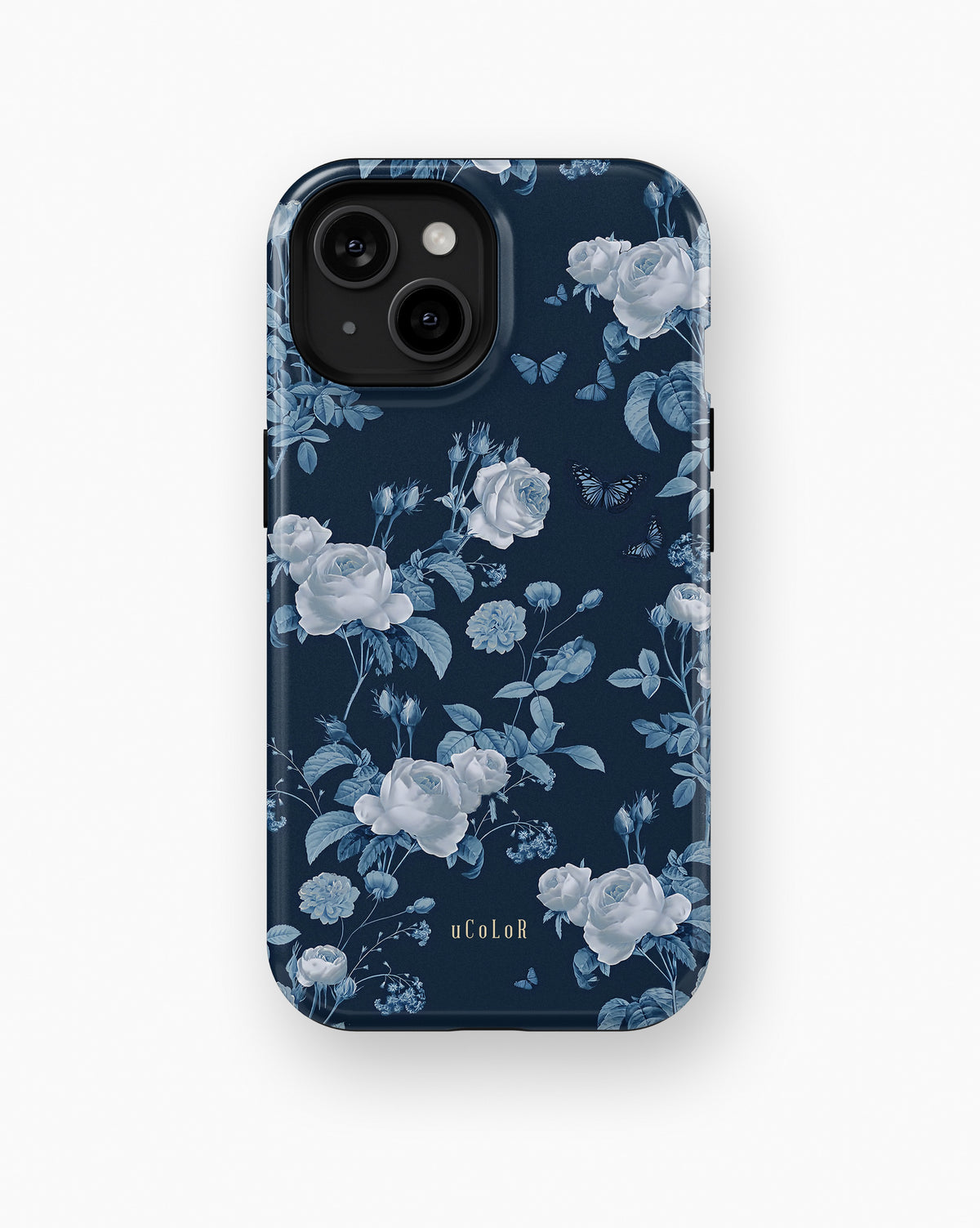 Navy Blue Rose Butterfly Floral MagSafe iPhone Tough Case - i15 tough p1