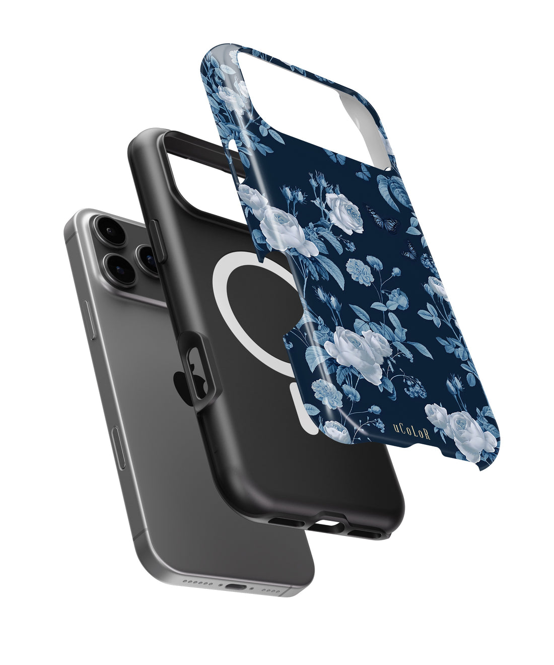 Navy Blue Rose Butterfly Floral MagSafe iPhone Tough Case - i17PMT p1