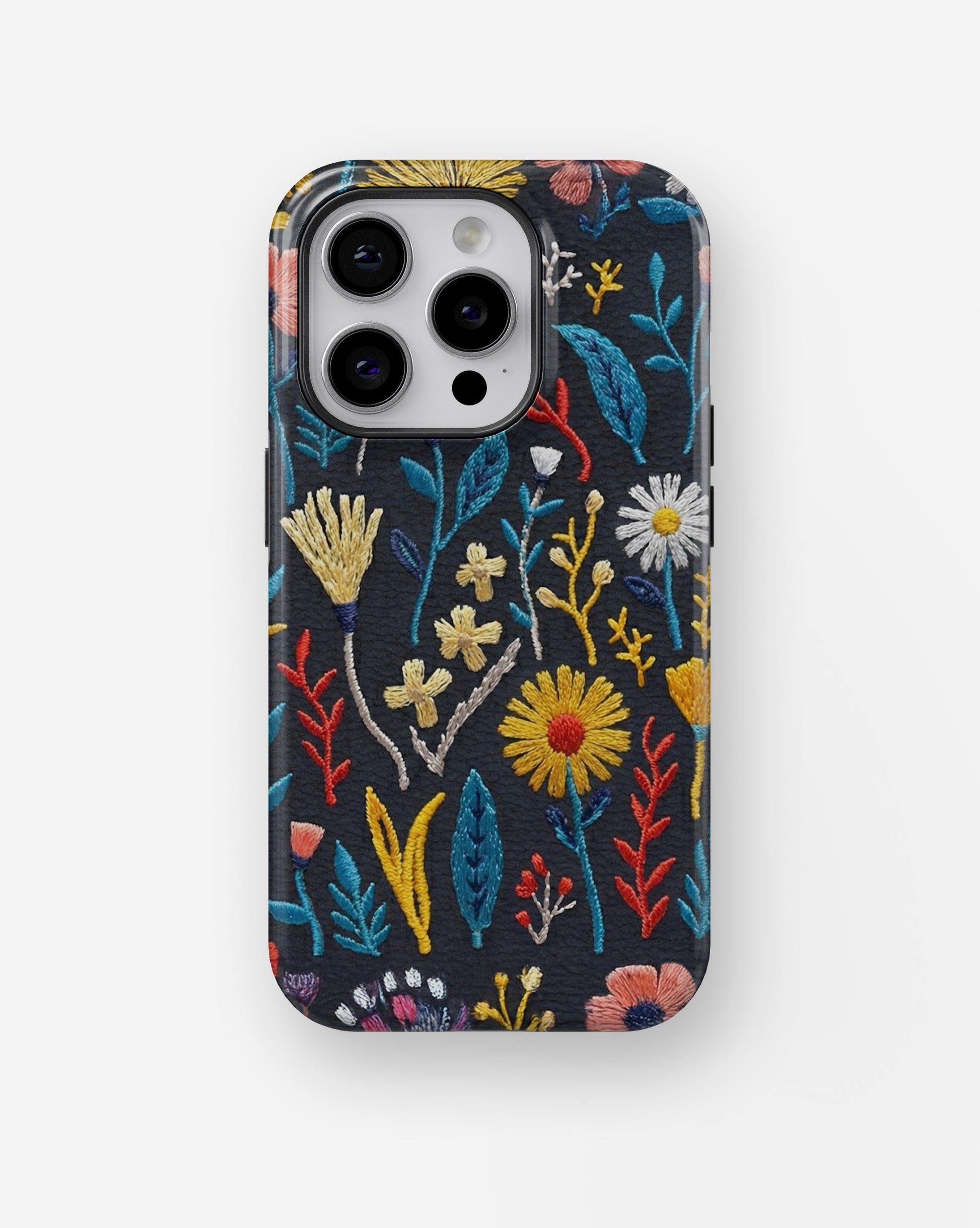 Black Embroidered Wildflower MagSafe iPhone Tough Case - i15 pro tough p1