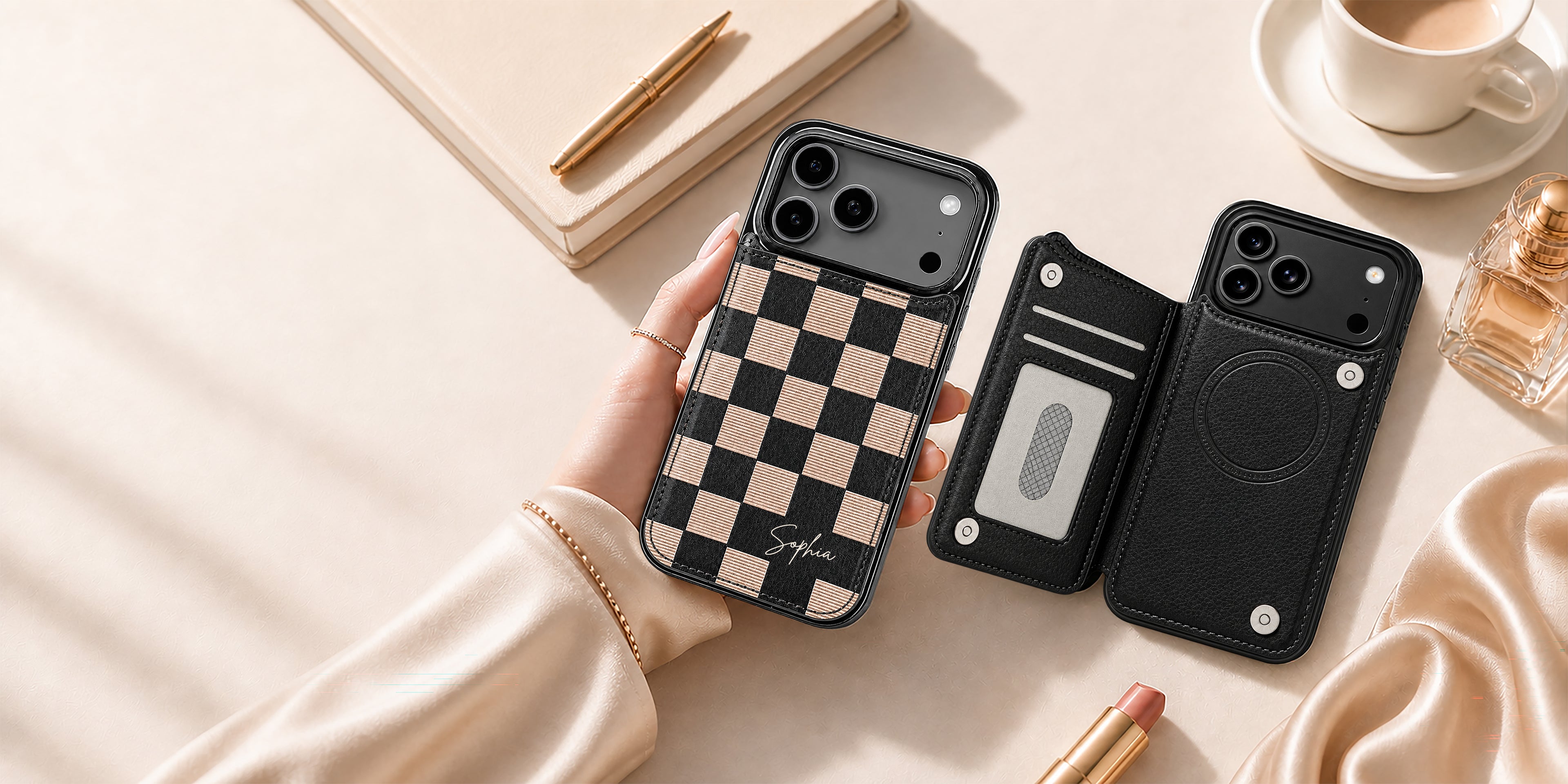 Mobile banner showing personalized folio wallet phone cases with custom name1621243260e1af0c20-1