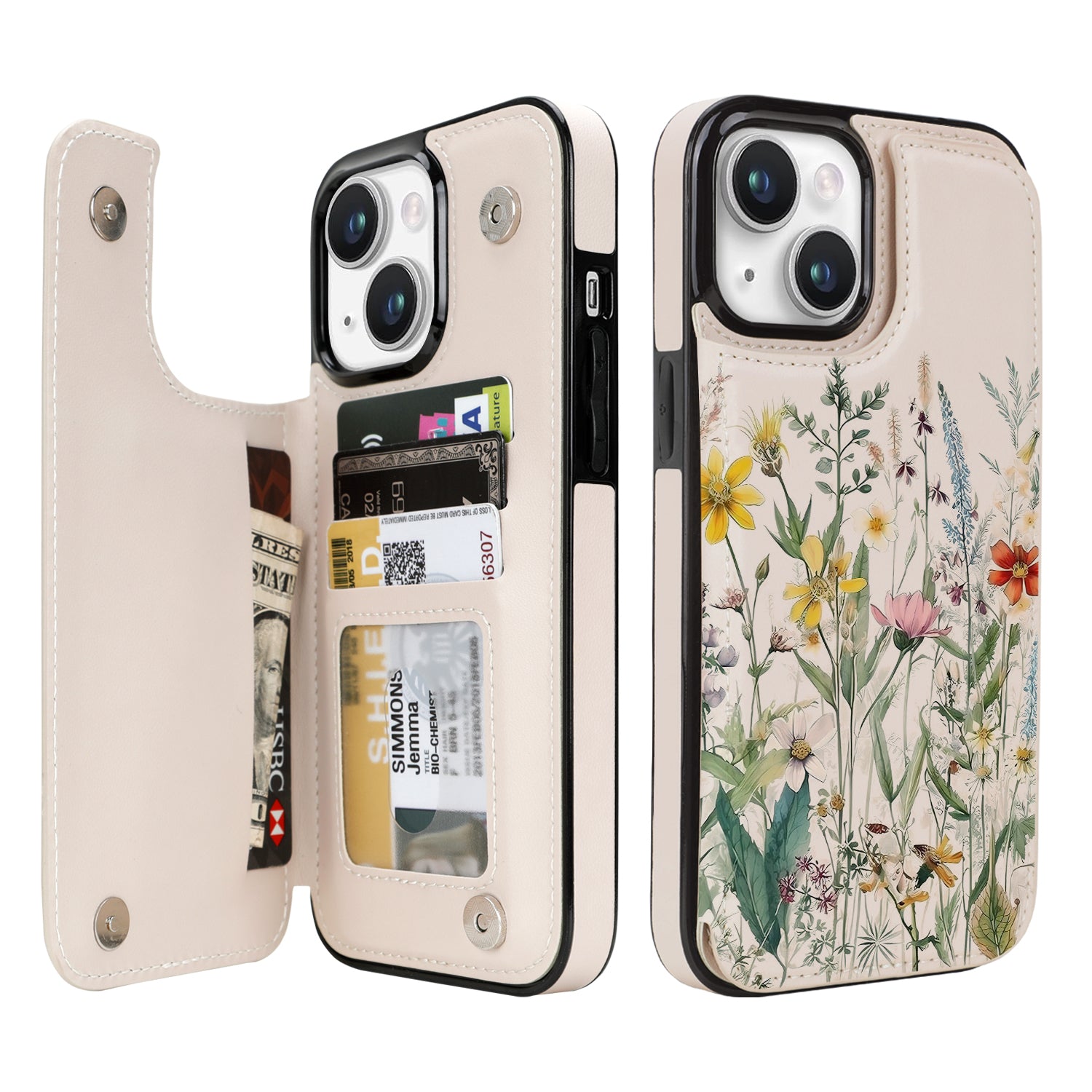 Wildflower Botanical double-buckle wallet phone case for iPhone 15 Plus - model-specific product view