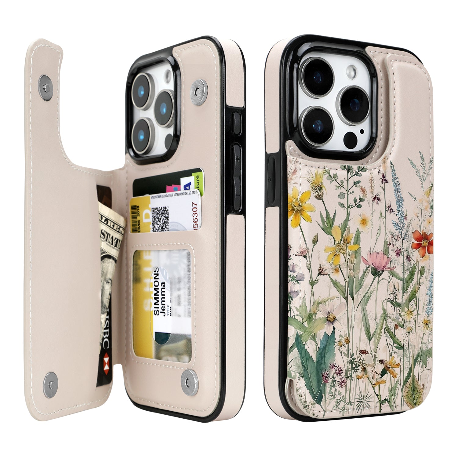 Wildflower Botanical double-buckle wallet phone case for iPhone 15 Pro - model-specific product view