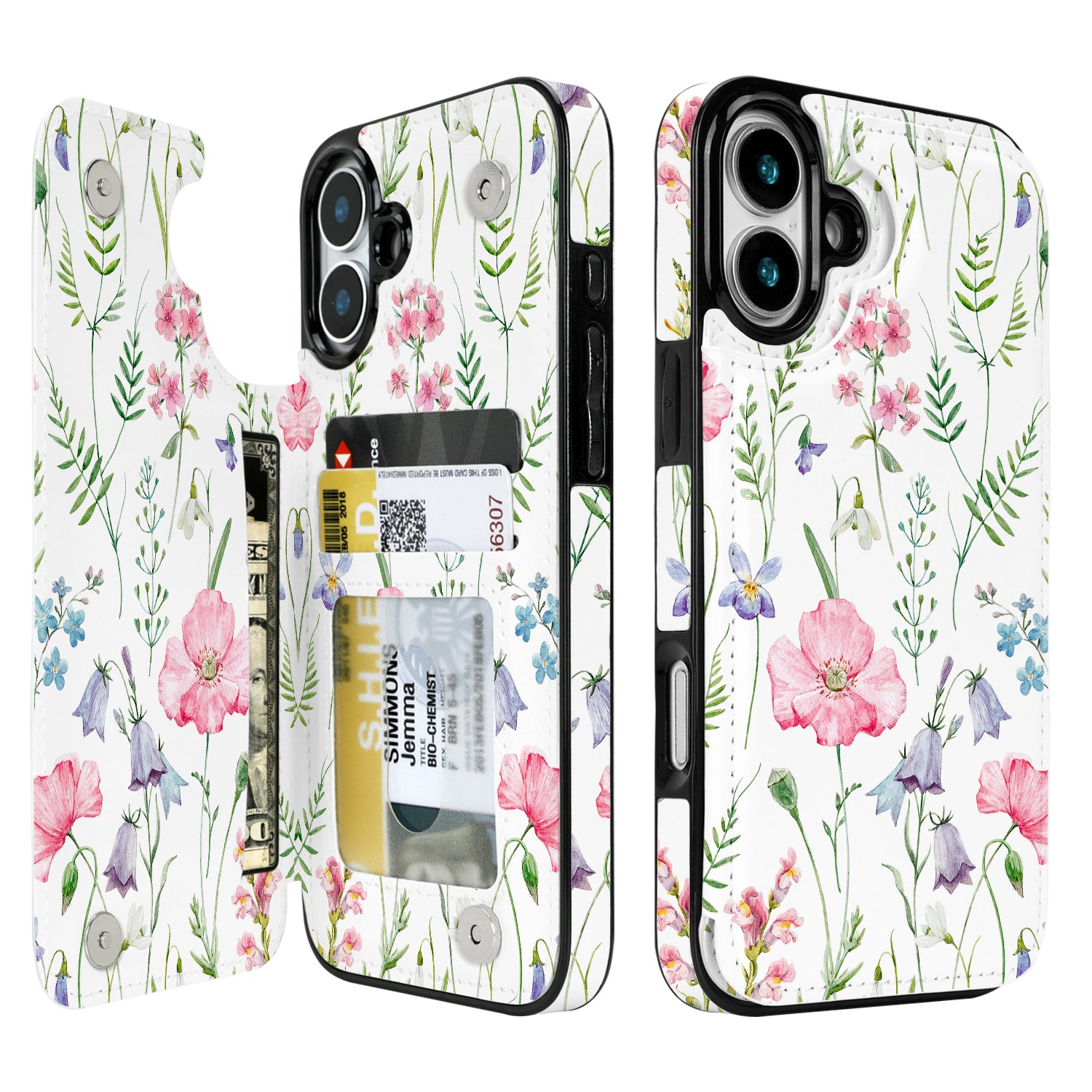 Watercolor Wildflower double-buckle wallet phone case for iPhone 16 - model-specific product view