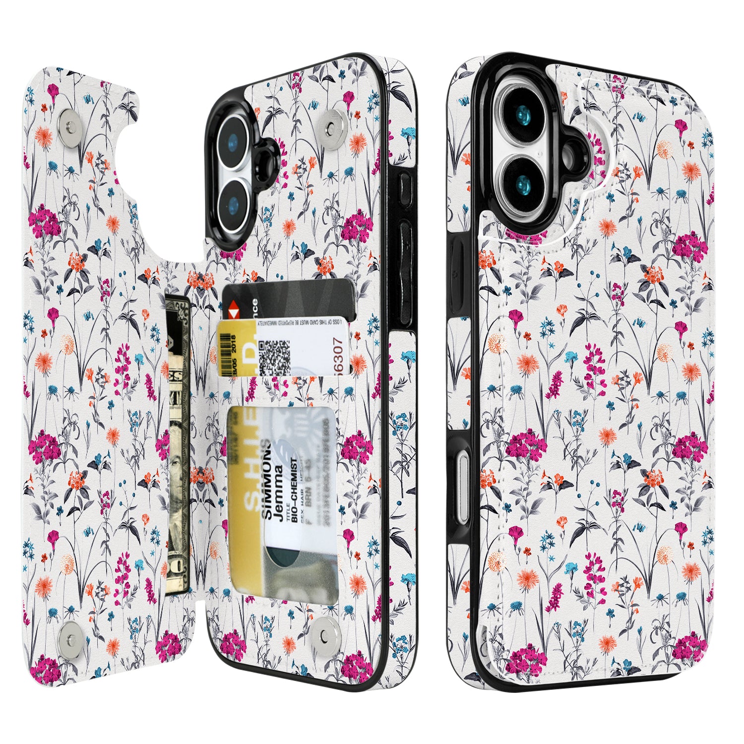 Wildflower Sketch double-buckle wallet phone case for iPhone 16 - model-specific product view