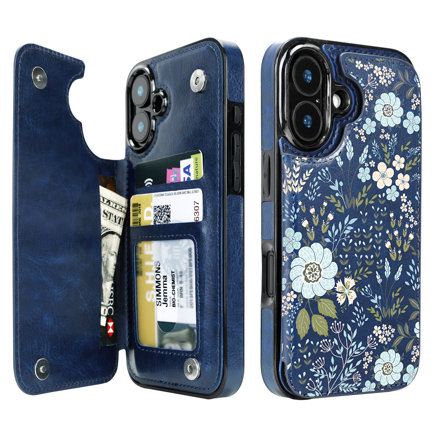 Blue Daisy Floral double-buckle wallet phone case for iPhone 16 - model-specific product view