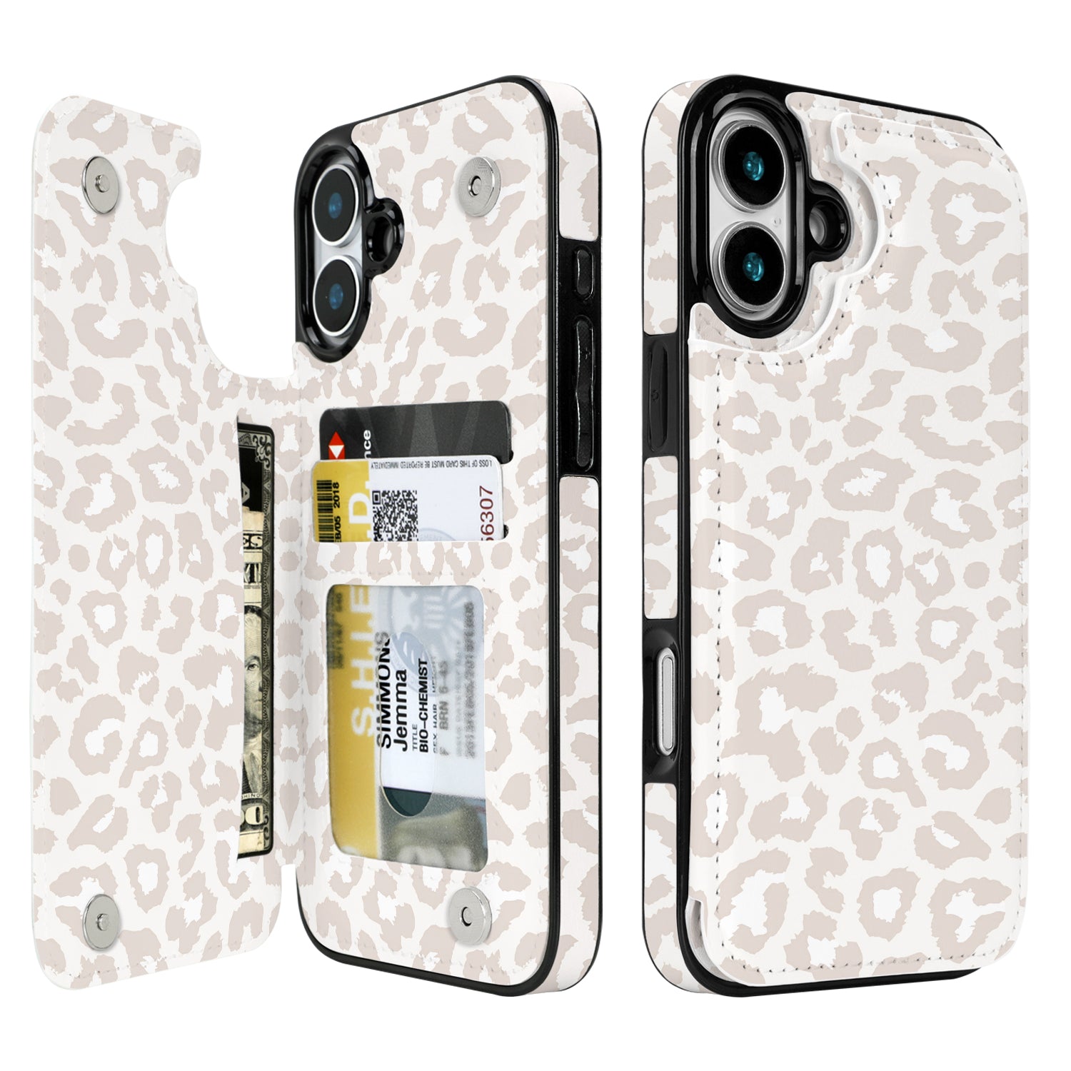 Cream Leopard double-buckle wallet phone case for iPhone 16 - model-specific product view