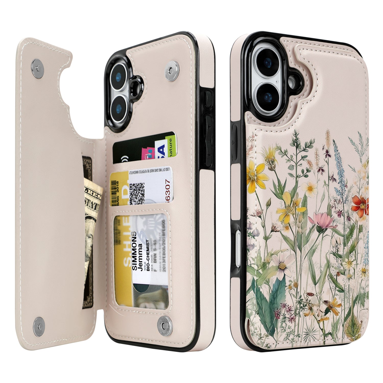 Wildflower Botanical double-buckle wallet phone case for iPhone 16 - model-specific product view