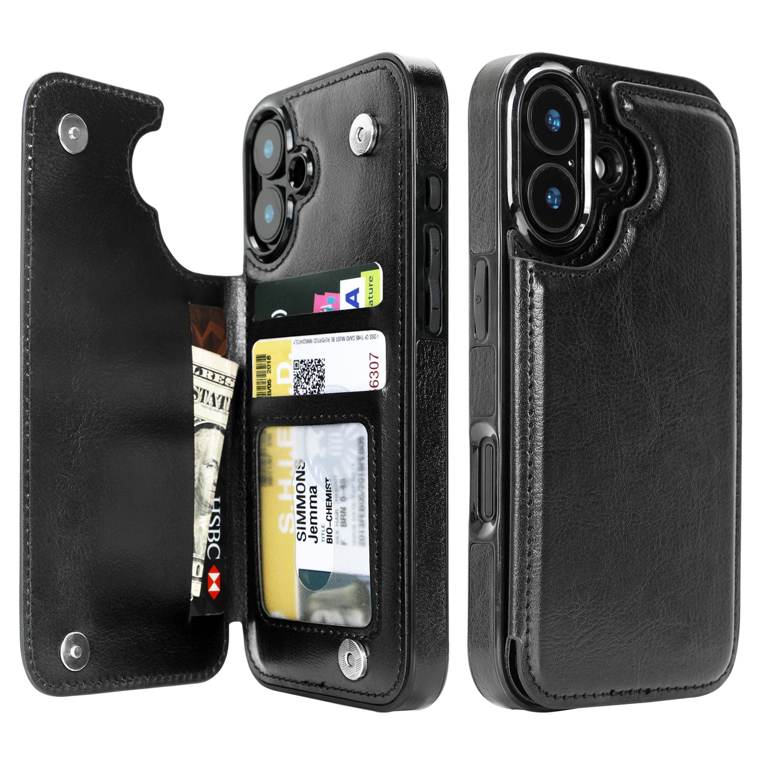 Classic Black double-buckle wallet phone case for iPhone 16 - model-specific product view