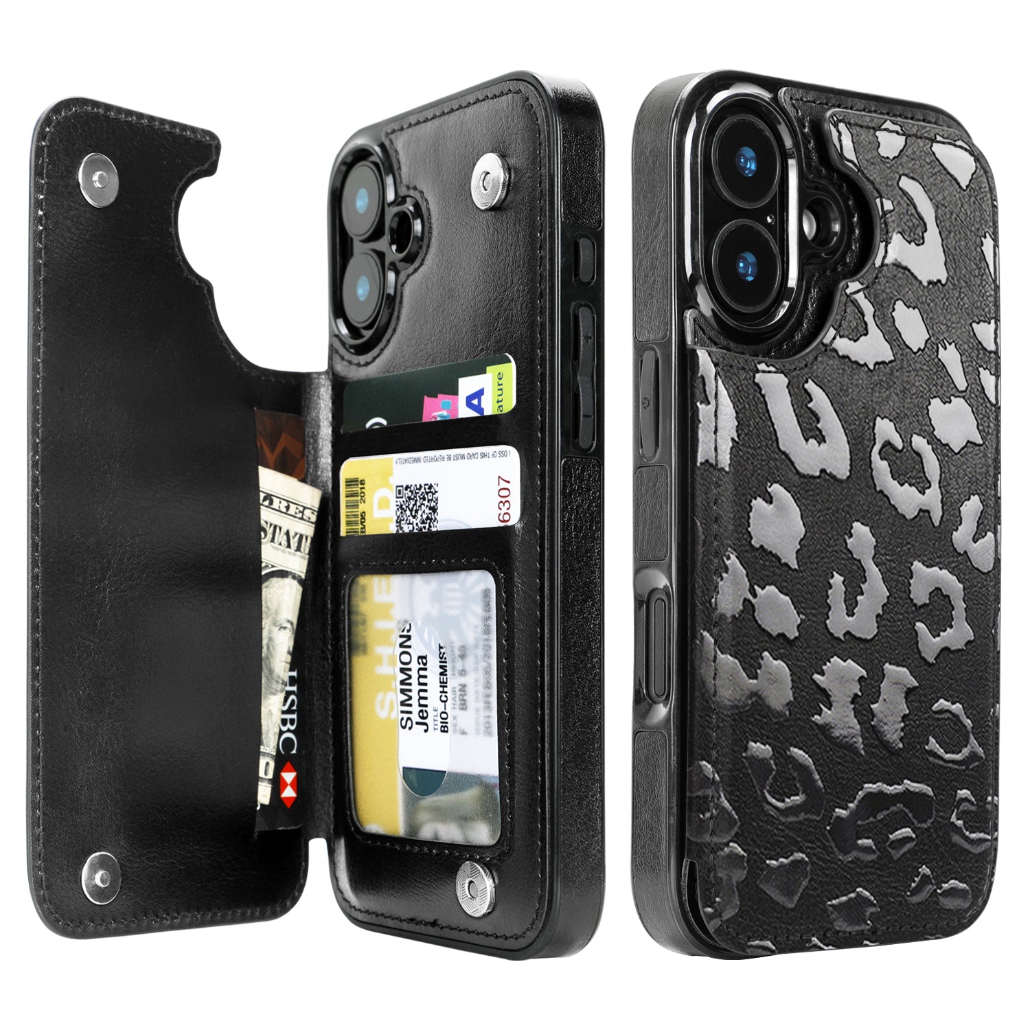 Black Leopard double-buckle wallet phone case for iPhone 16 - model-specific product view