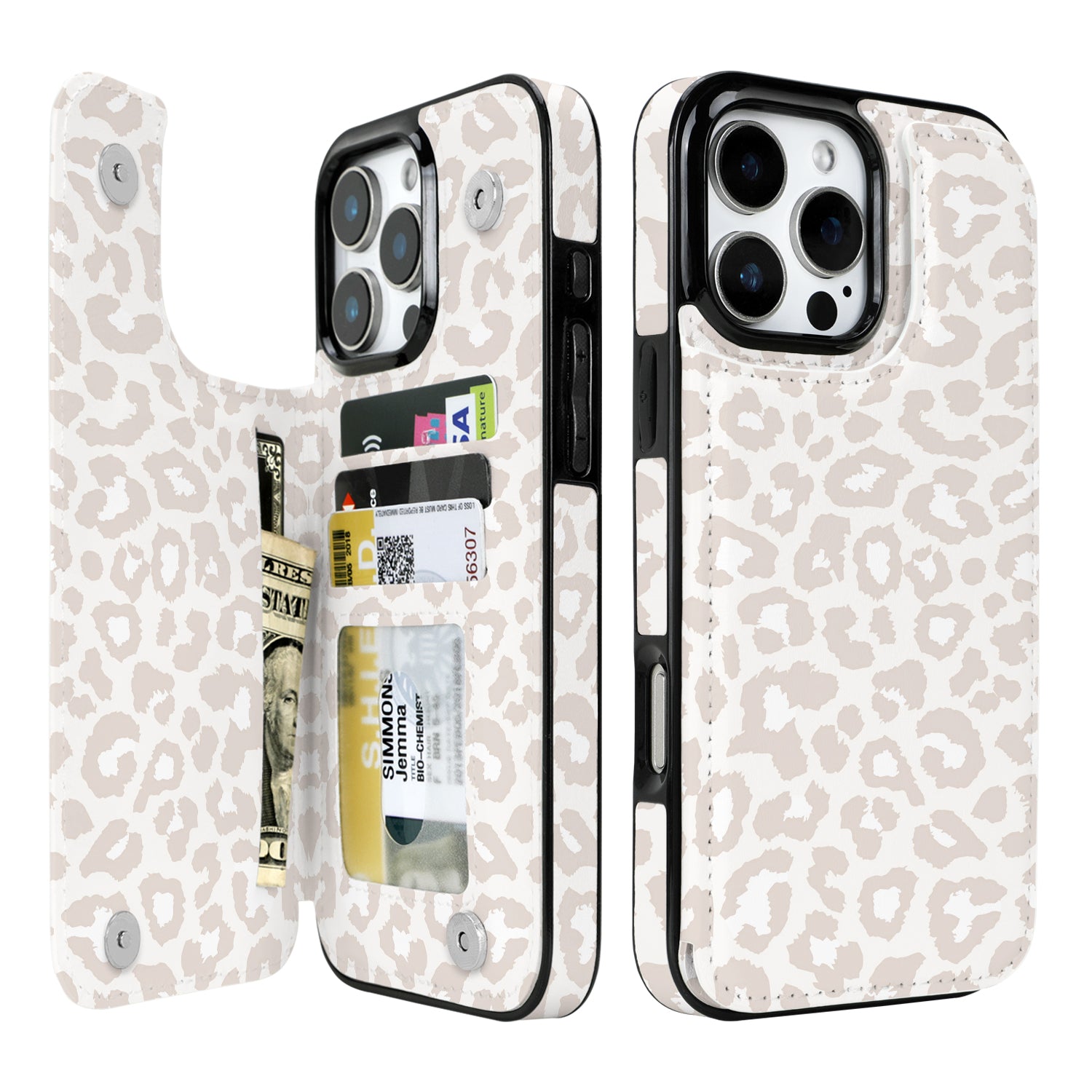 Cream Leopard double-buckle wallet phone case for iPhone 16 Pro Max - model-specific product view