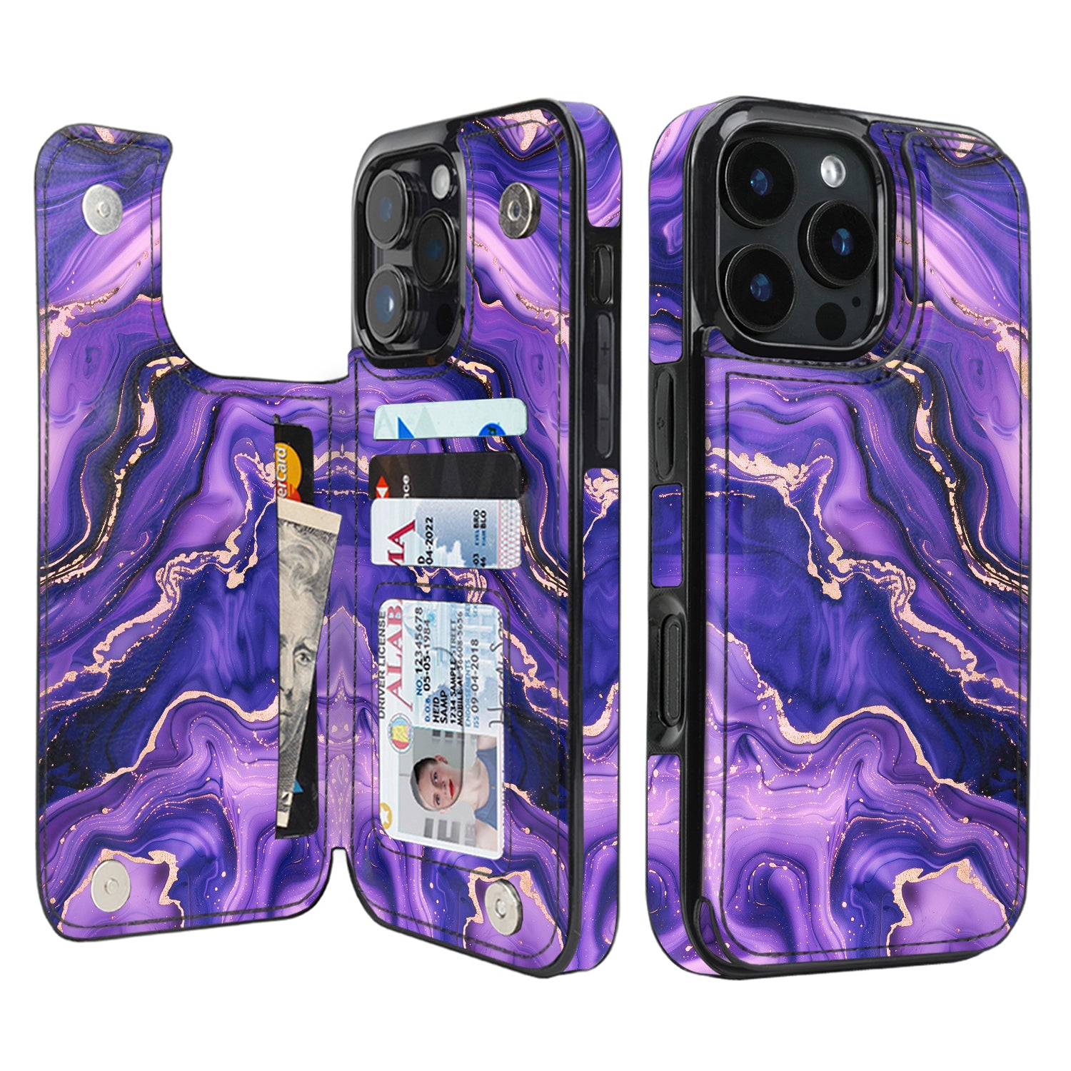 Purple Marble Gold double-buckle wallet phone case for iPhone 16 Pro Max - model-specific product view