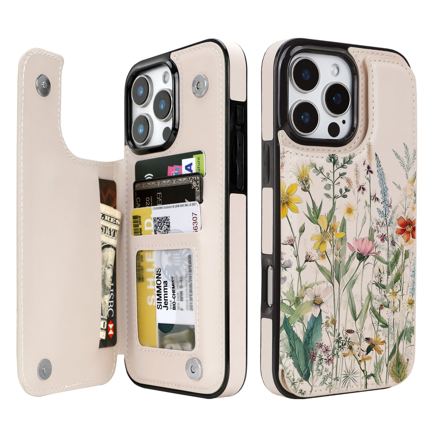 Wildflower Botanical double-buckle wallet phone case for iPhone 16 Pro Max - model-specific product view