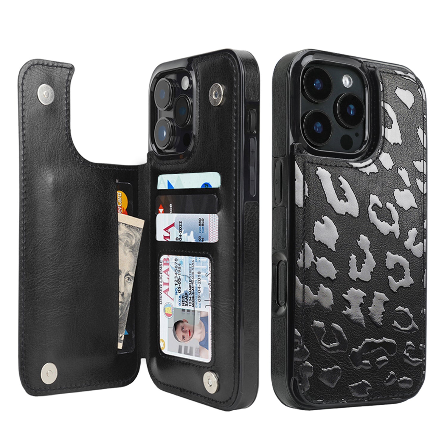 Black Leopard double-buckle wallet phone case for iPhone 16 Pro Max - model-specific product view