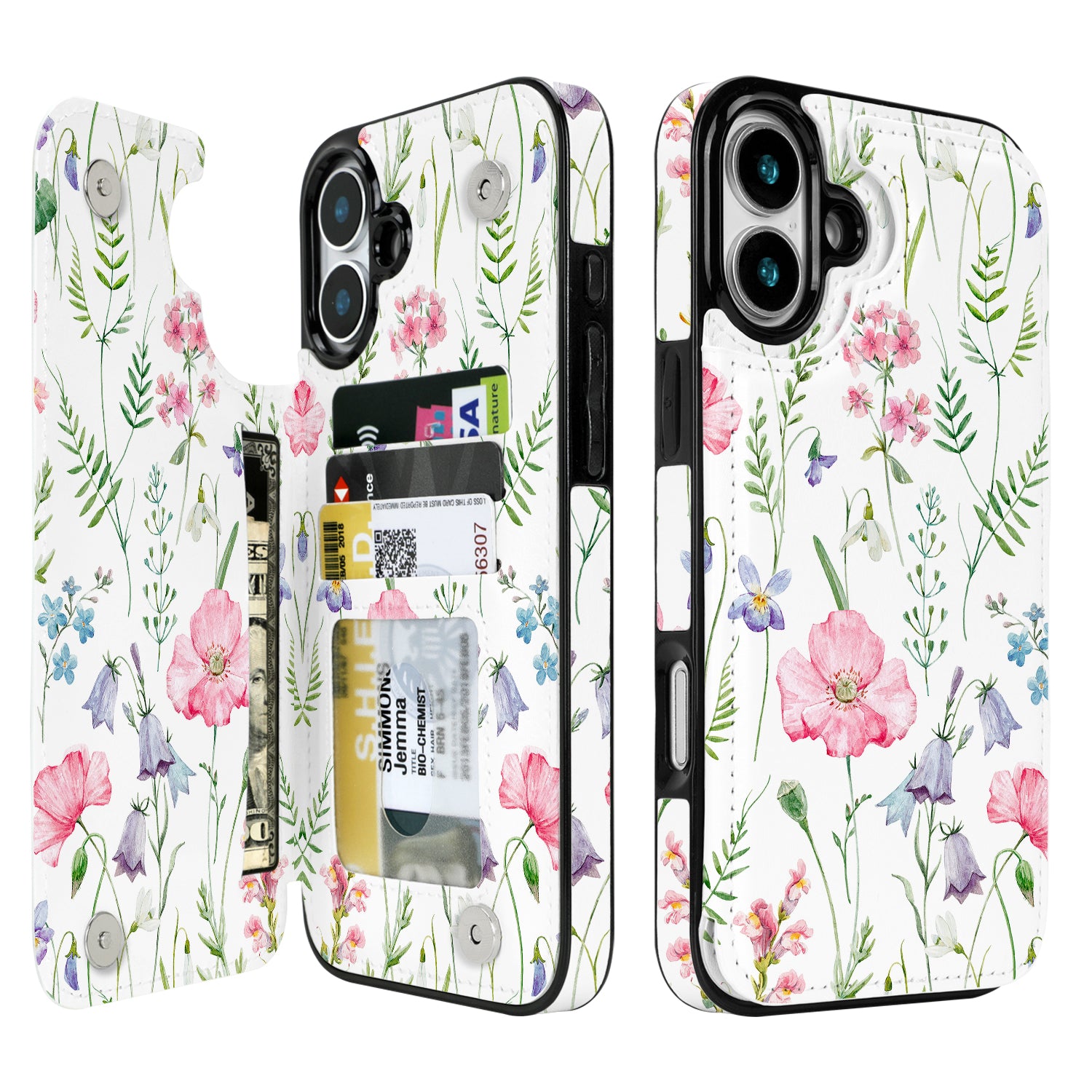 Watercolor Wildflower double-buckle wallet phone case for iPhone 16 Plus - model-specific product view