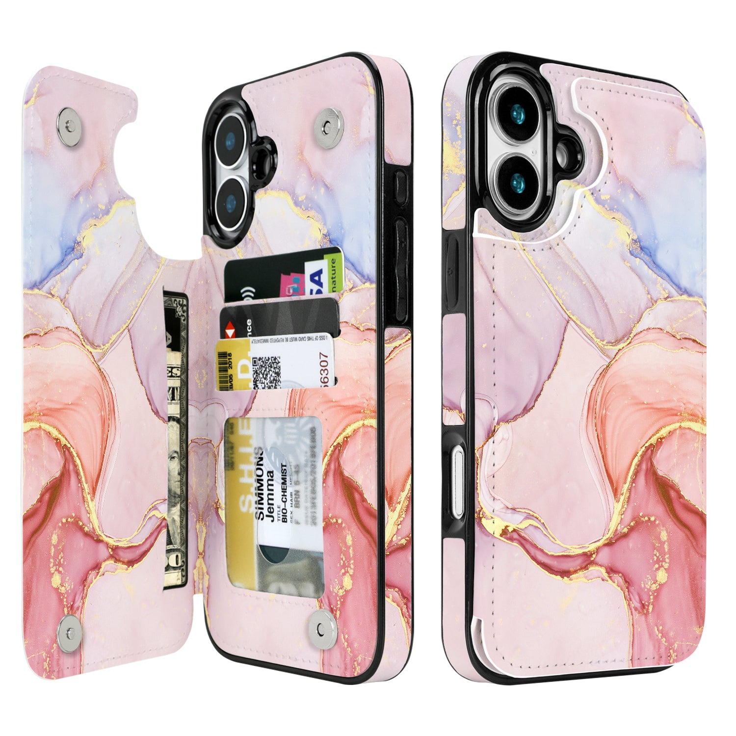Pastel Marble Gold double-buckle wallet phone case for iPhone 16 Plus - model-specific product view