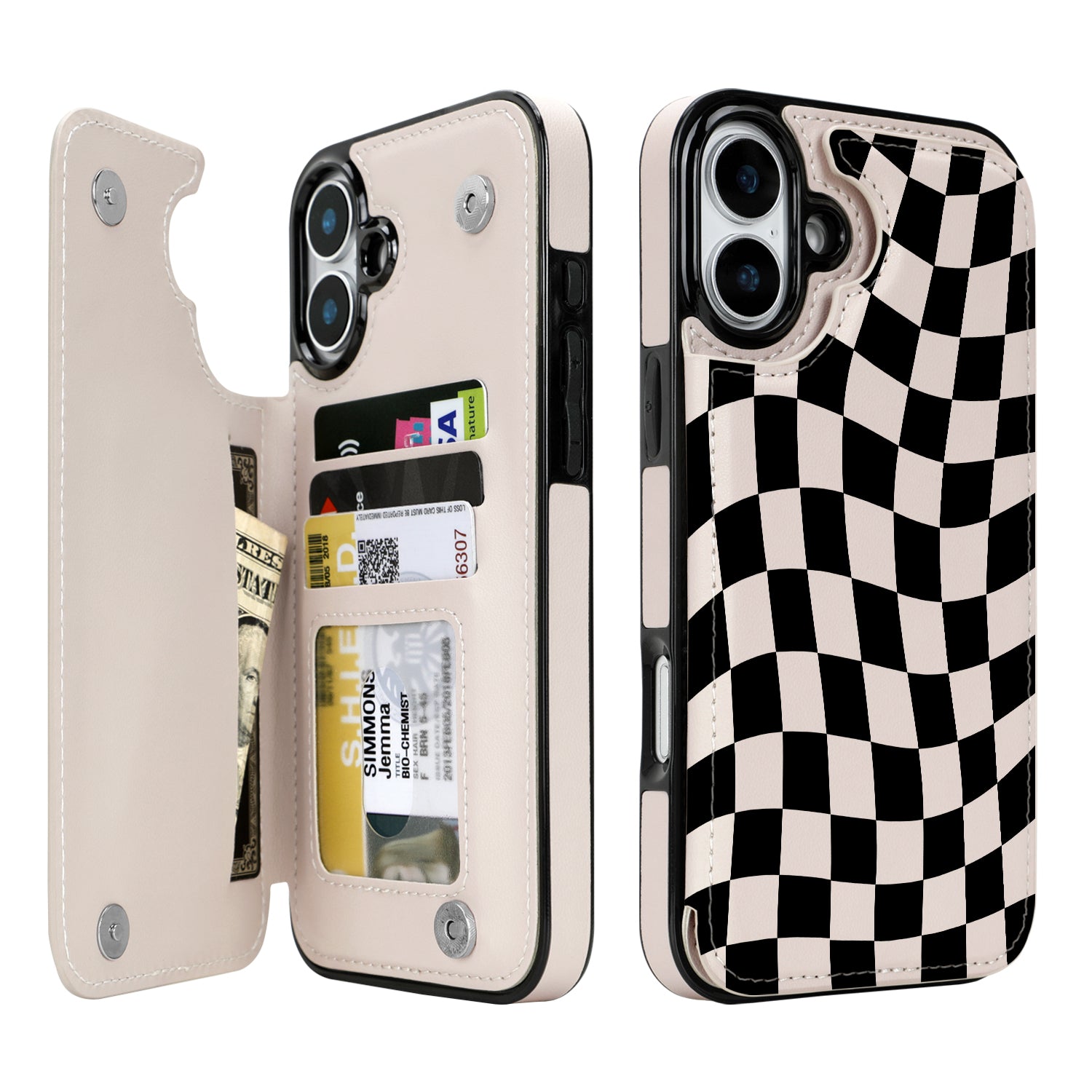 Dune Mirage Checkered double-buckle wallet phone case for iPhone 16 Plus - model-specific product view