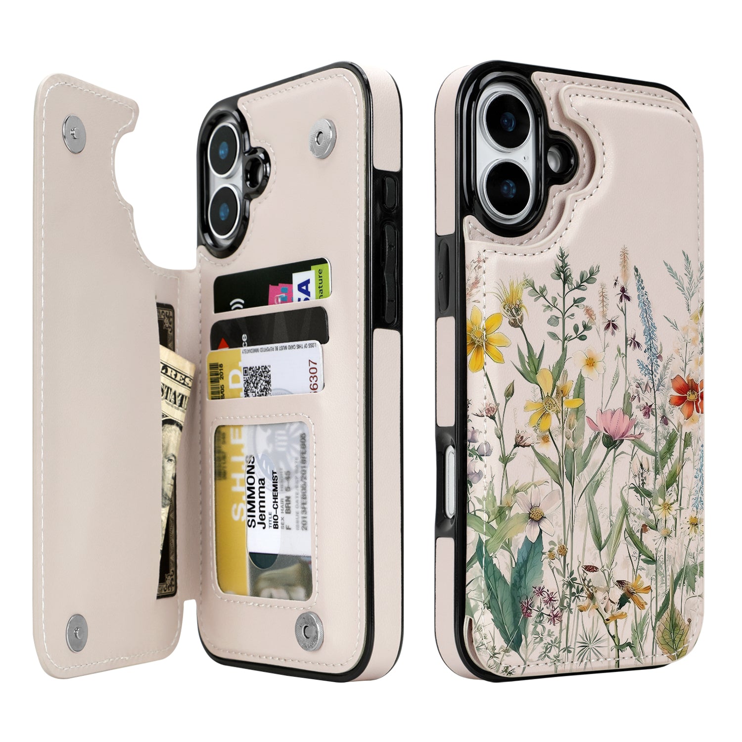 Wildflower Botanical double-buckle wallet phone case for iPhone 16 Plus - model-specific product view