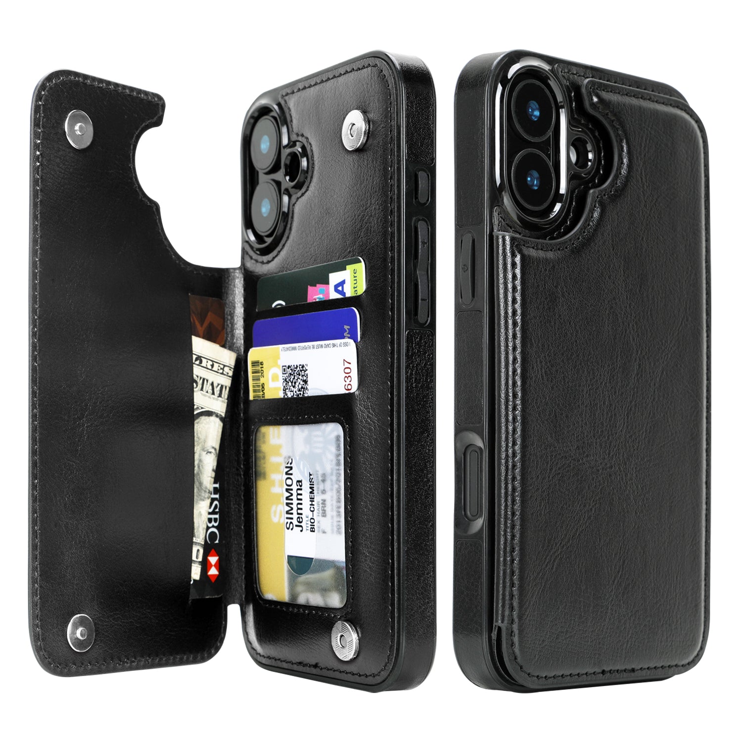 Classic Black double-buckle wallet phone case for iPhone 16 Plus - model-specific product view