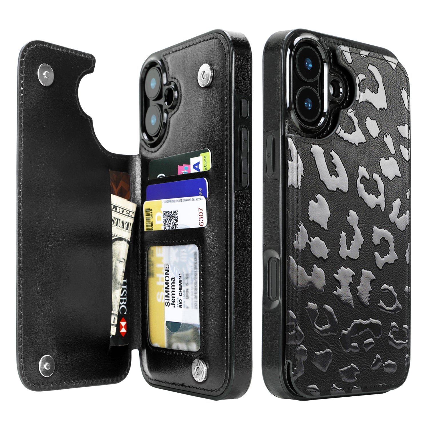 Black Leopard double-buckle wallet phone case for iPhone 16 Plus - model-specific product view