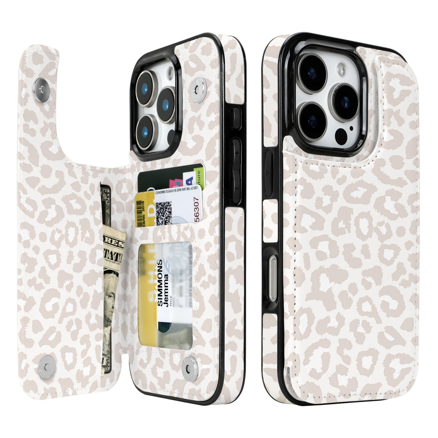 Cream Leopard double-buckle wallet phone case for iPhone 16 Pro - model-specific product view