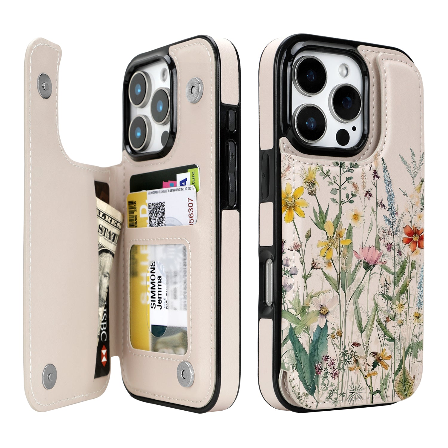 Wildflower Botanical double-buckle wallet phone case for iPhone 16 Pro - model-specific product view