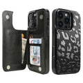 Black Leopard double-buckle wallet phone case for iPhone 16 Pro - model-specific product view