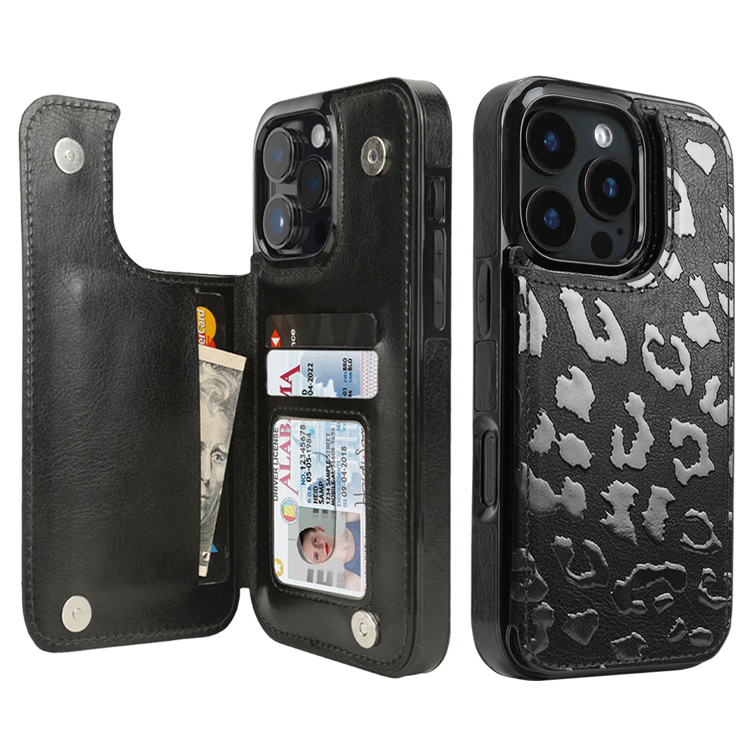 Black Leopard double-buckle wallet phone case for iPhone 16 Pro - model-specific product view