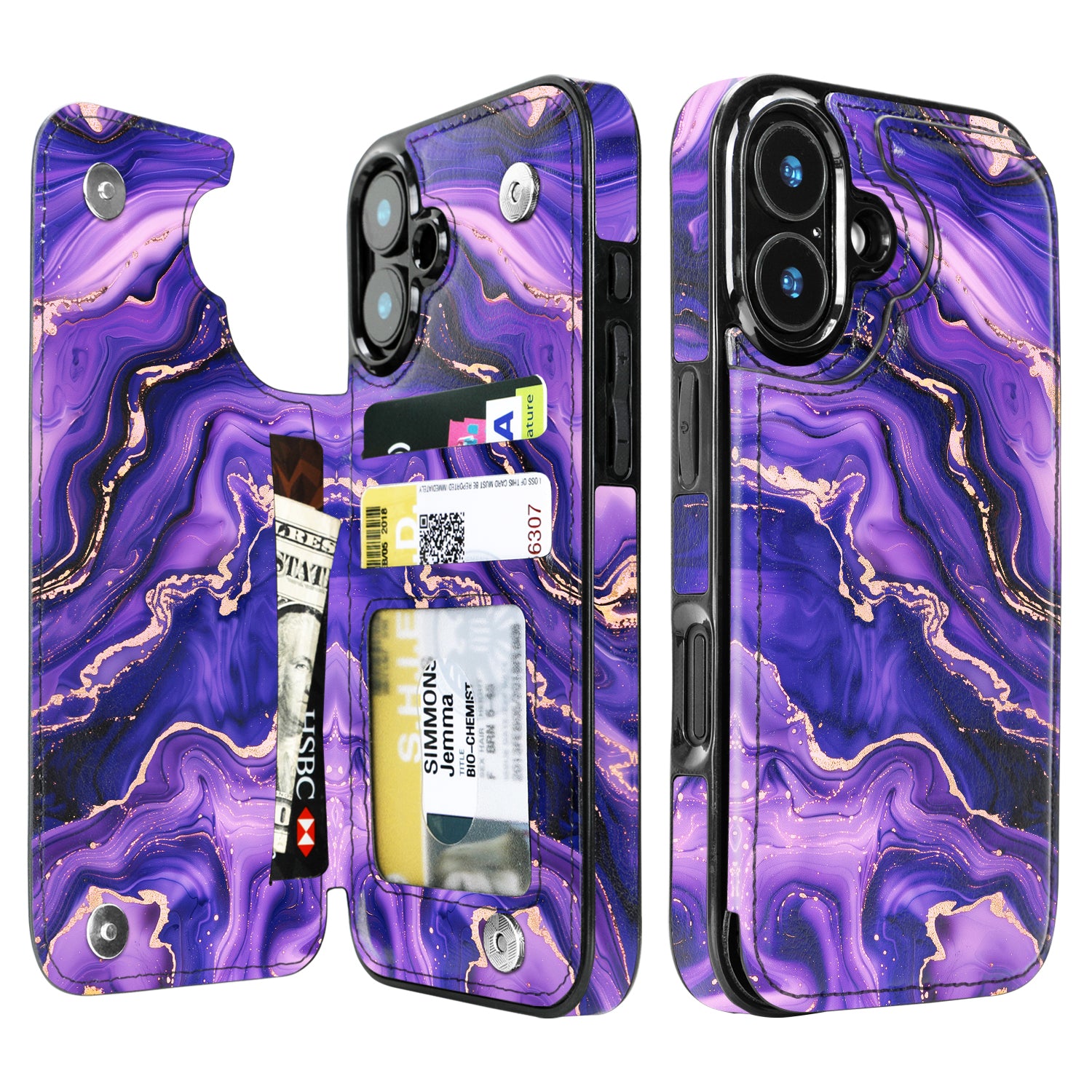 Purple Marble Gold RFID Flip Wallet Case for iPhone 17–12 – Card Holder & Kickstand – product image 2