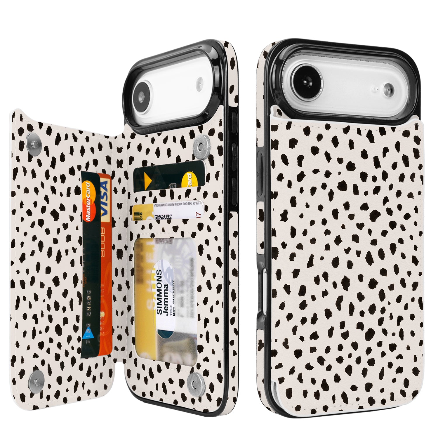 Dalmatian Spot RFID Flip Wallet Case for iPhone 17–12 – Card Holder & Kickstand – product view 3