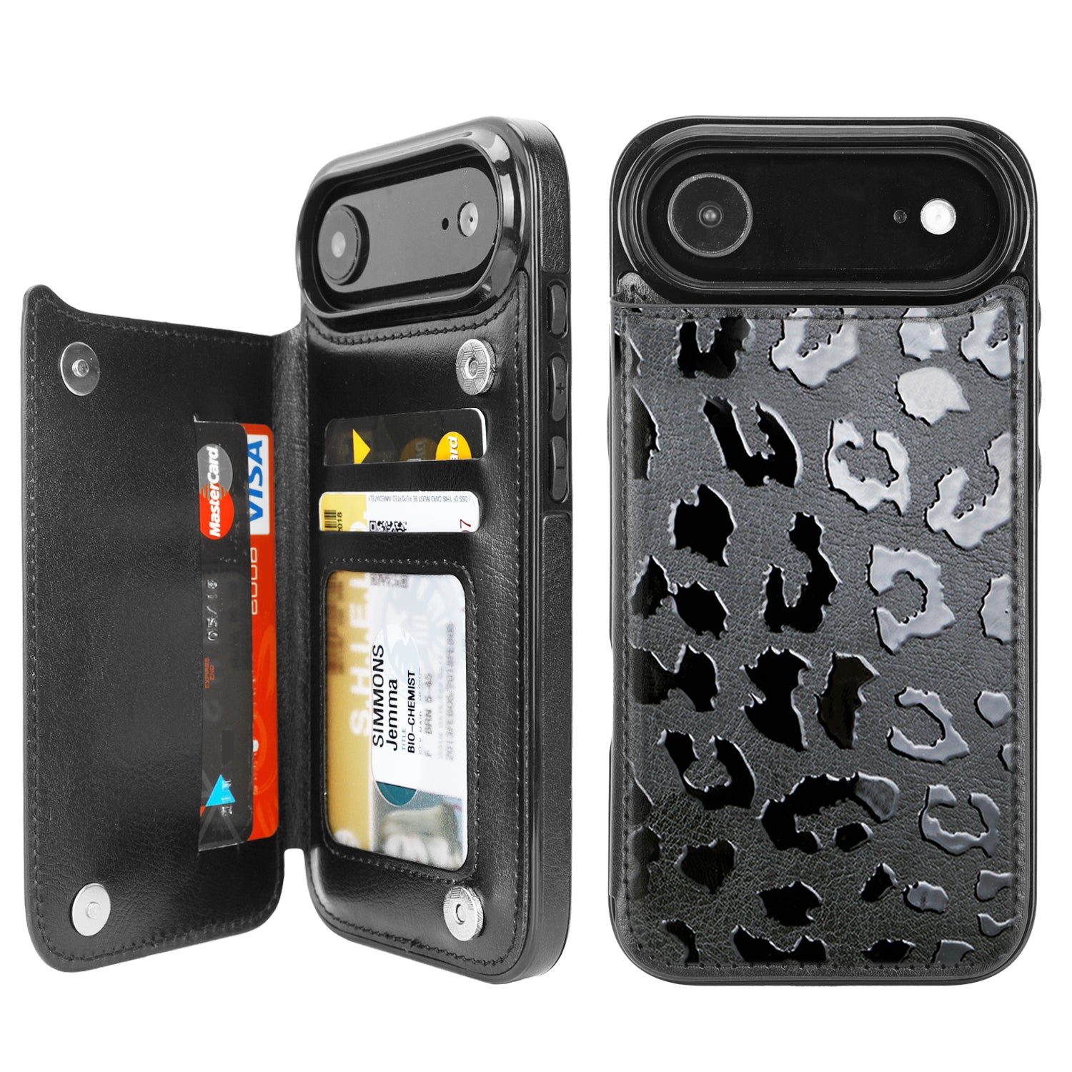 Black Leopard RFID Flip Wallet Case for iPhone 17–12 – Card Holder & Kickstand – product view 3