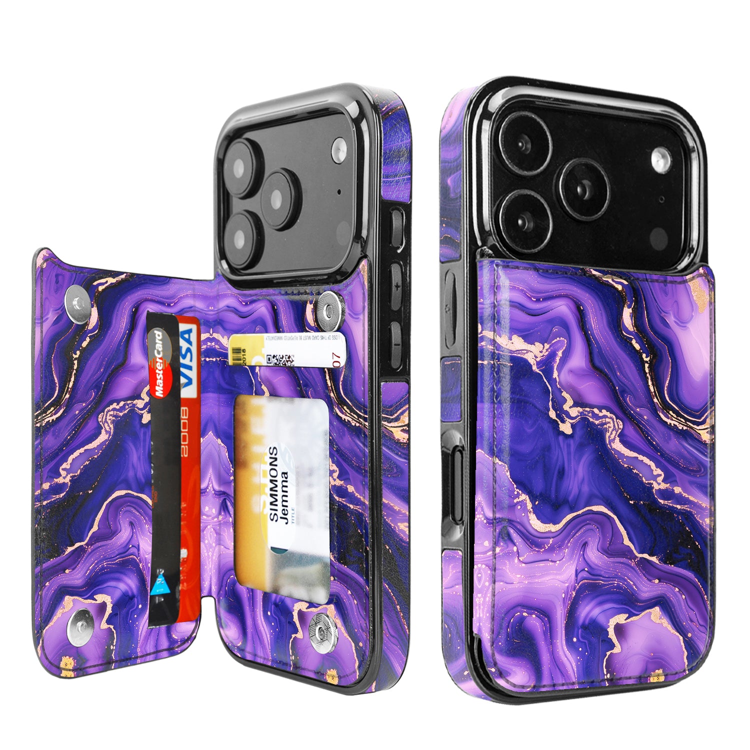 Purple Marble Gold RFID Flip Wallet Case for iPhone 17–12 – Card Holder & Kickstand – product image 7