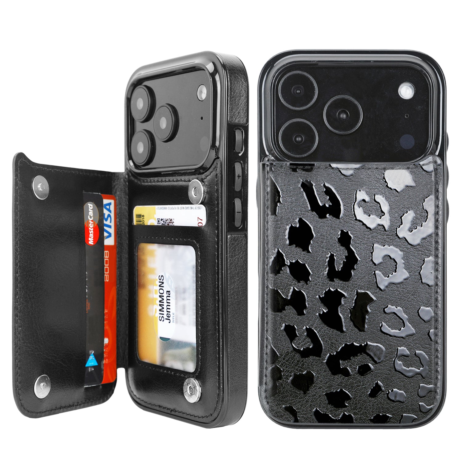 Black Leopard RFID Flip Wallet Case for iPhone 17–12 – Card Holder & Kickstand – product view 2