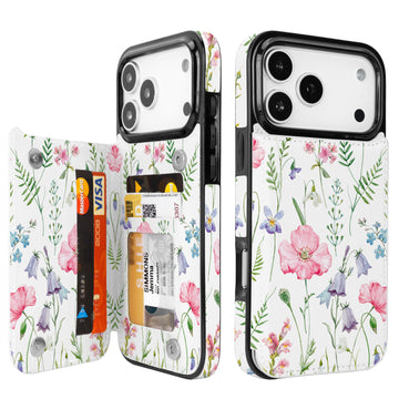 Watercolor Wildflower RFID Flip Wallet Case for iPhone 17-12 Series - watercolor wildflower RFID card holder wallet case