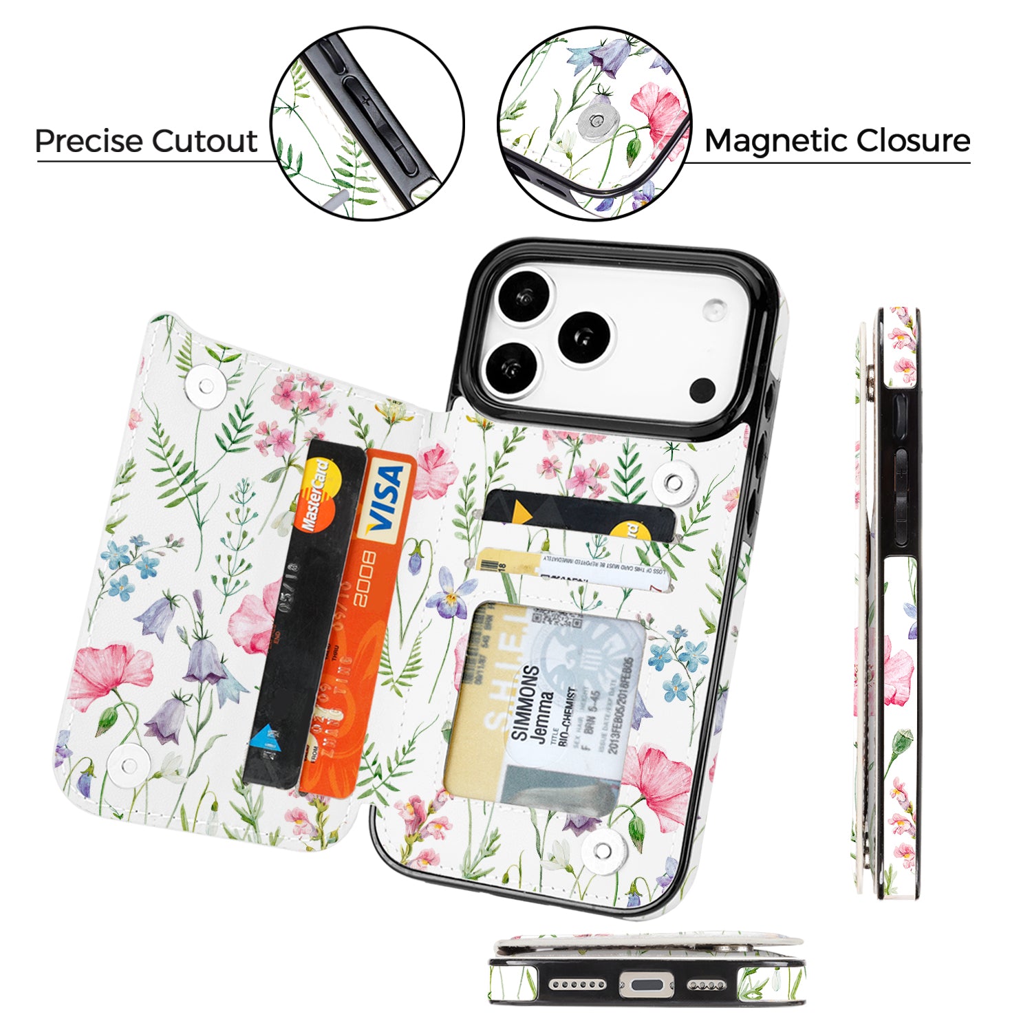 Watercolor Wildflower RFID Flip Wallet Case for iPhone 17–12 – Card Holder & Kickstand – product image 9