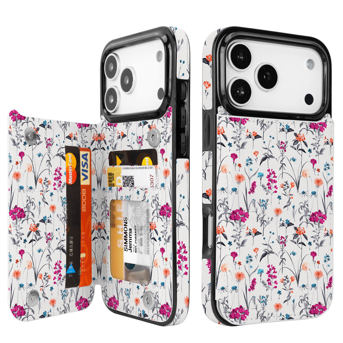 Wildflower Sketch RFID Flip Wallet Case for iPhone 17-12 Series - white wildflower sketch RFID card holder wallet case