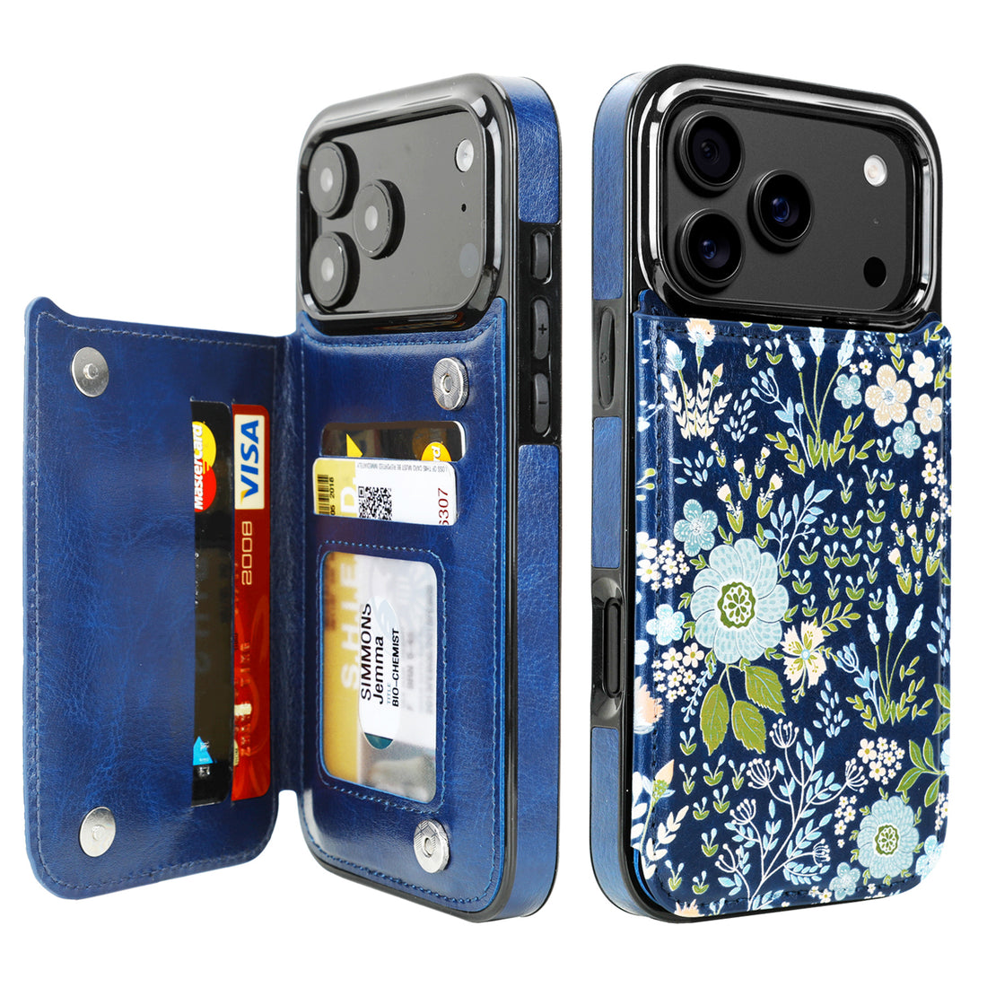Blue Daisy Floral RFID Flip Wallet Case for iPhone 17/16/15/14 Series - blue daisy floral pattern with RFID card holder