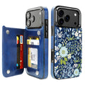 Blue Daisy Floral RFID Flip Wallet Case for iPhone 17/16/15/14 Series - blue daisy floral pattern with RFID card holder