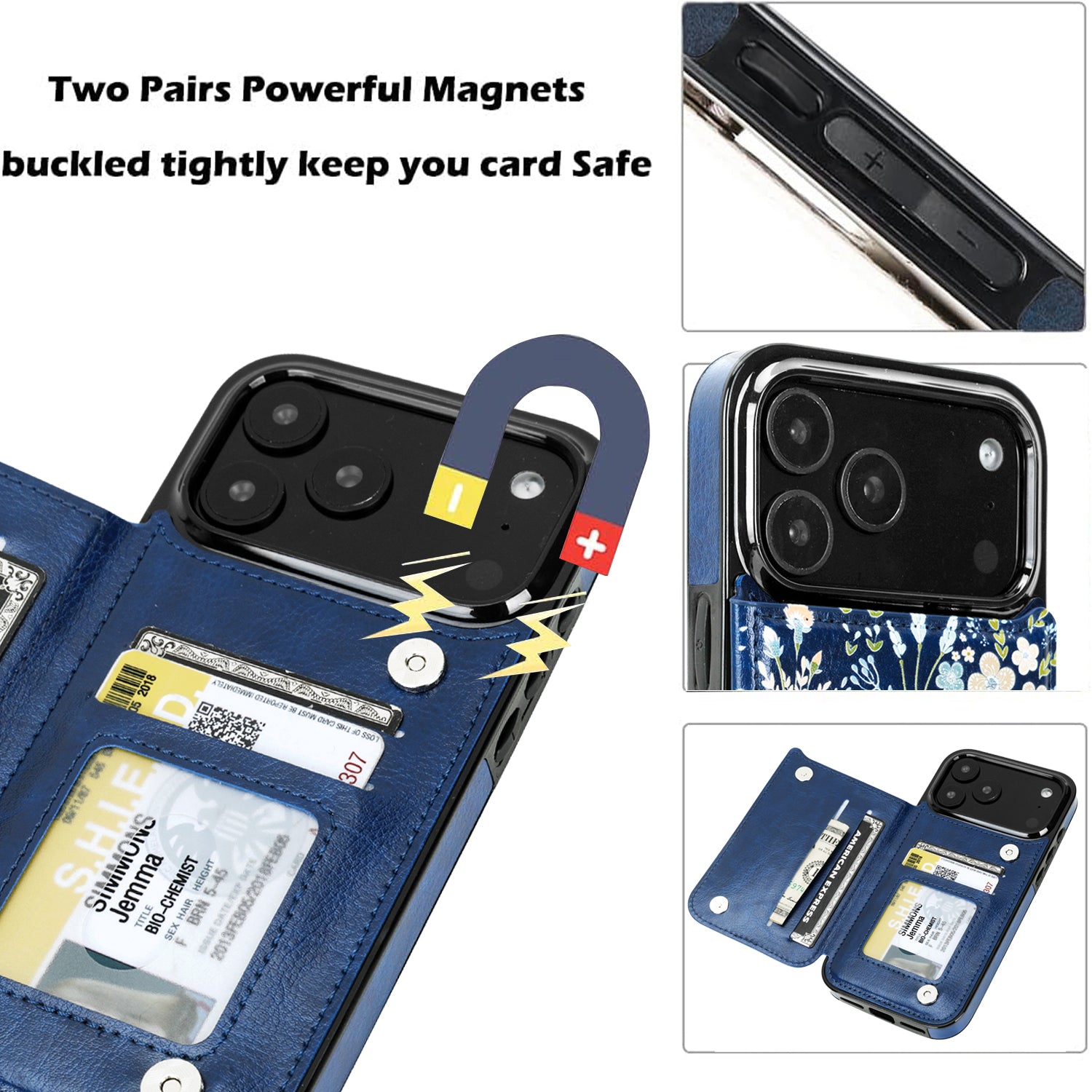 Blue Daisy Floral RFID Flip Wallet Case for iPhone 17–12 – Card Holder & Kickstand – product image 4