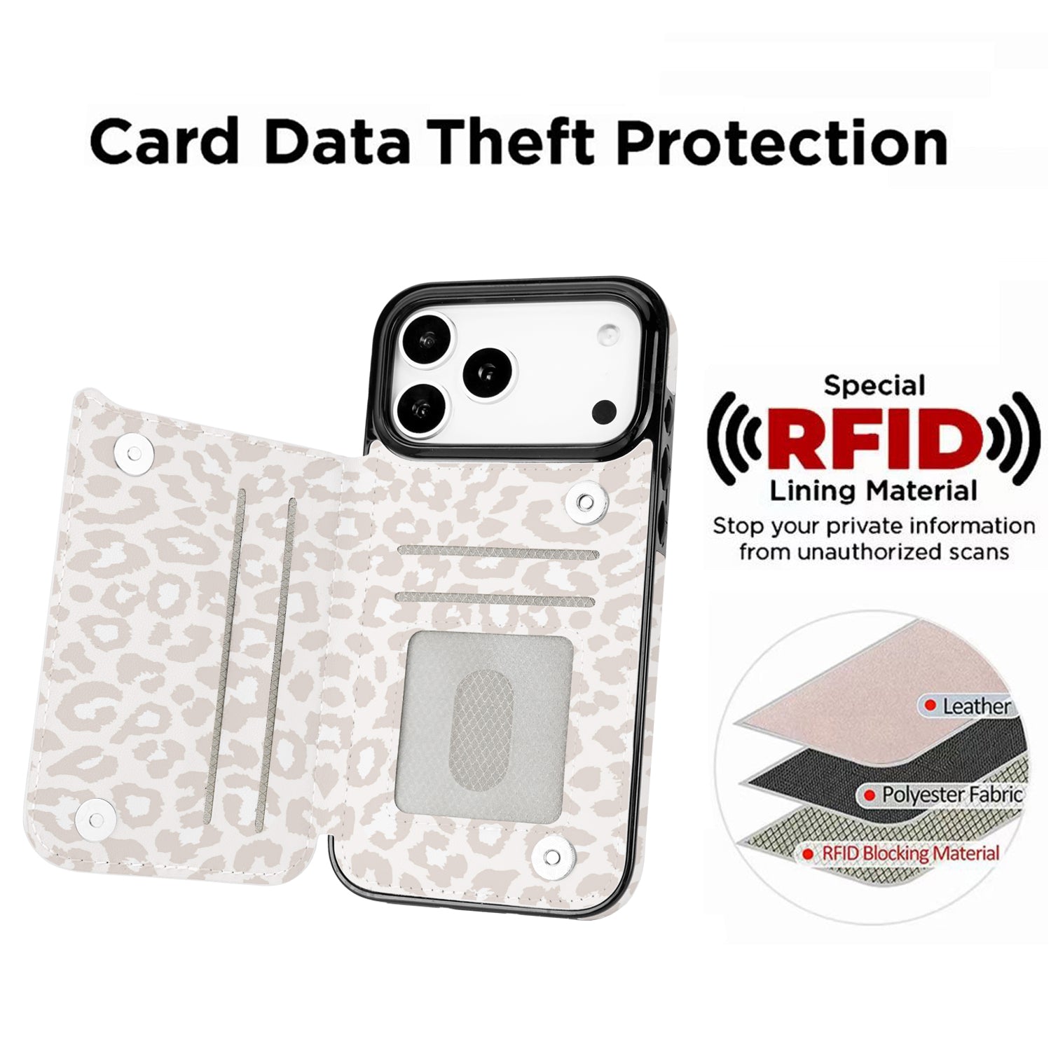 Cream Leopard RFID Flip Wallet Case for iPhone 17–12 – Card Holder & Kickstand – product image 8